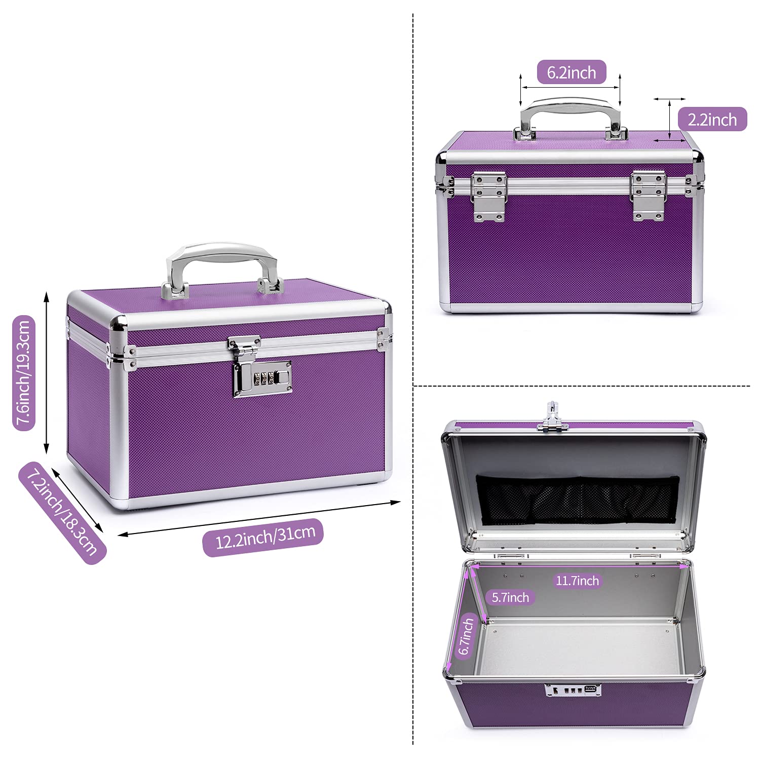 HEWEI WORKS Lockable Baby Proof Medical Box - Portable First Aid Kit Organizer with Combination Lock, Empty Multipurpose Storage Case (Medium, Purple) | Ideal for Home Safety, Travel Essentials & Medicine Organization