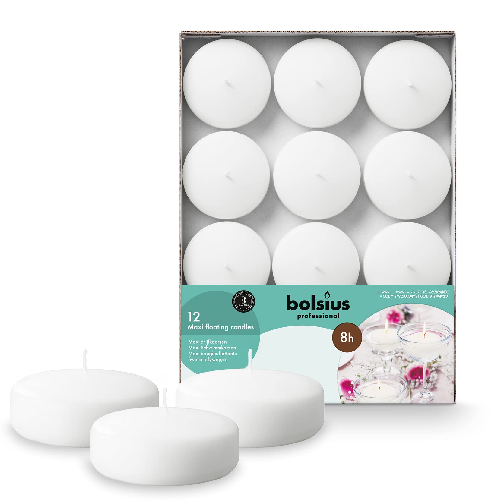 BOLSIUS White Floating Candles 3 Inch - Set of 12 Long-Lasting Candles - 8 Hour Clean Burn - Vegan Palm Oil Free - Premium European Wax - Perfect for Weddings, Spa, Bath & Home Decor