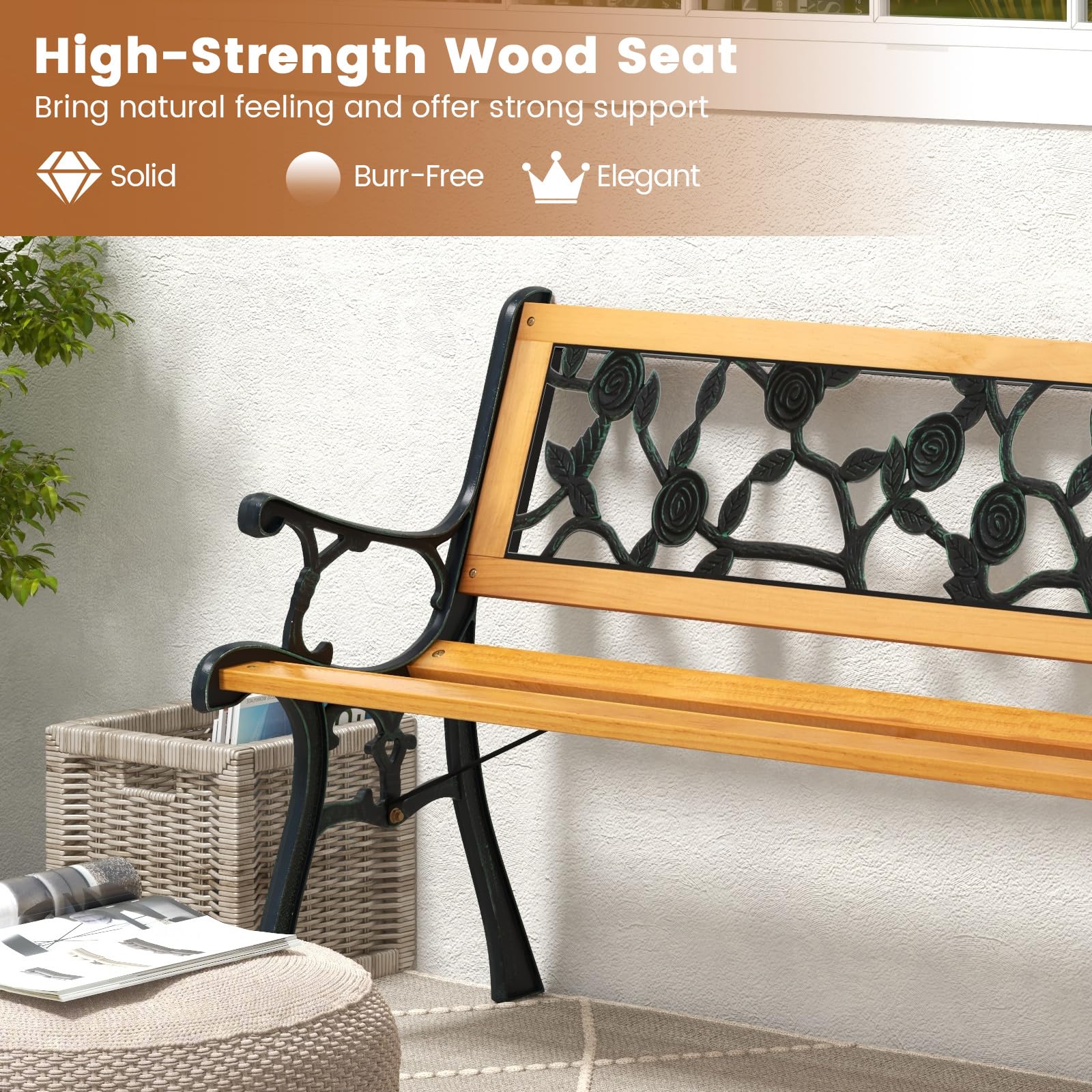 Tangkula Outdoor Garden Bench - Heavy Duty Cast Iron & Hardwood Park Bench for Patio, Porch, Backyard, Deck, Lawn, Poolside - Weather Resistant Loveseat for Relaxing in Gardens, Parks or Outdoor Spaces