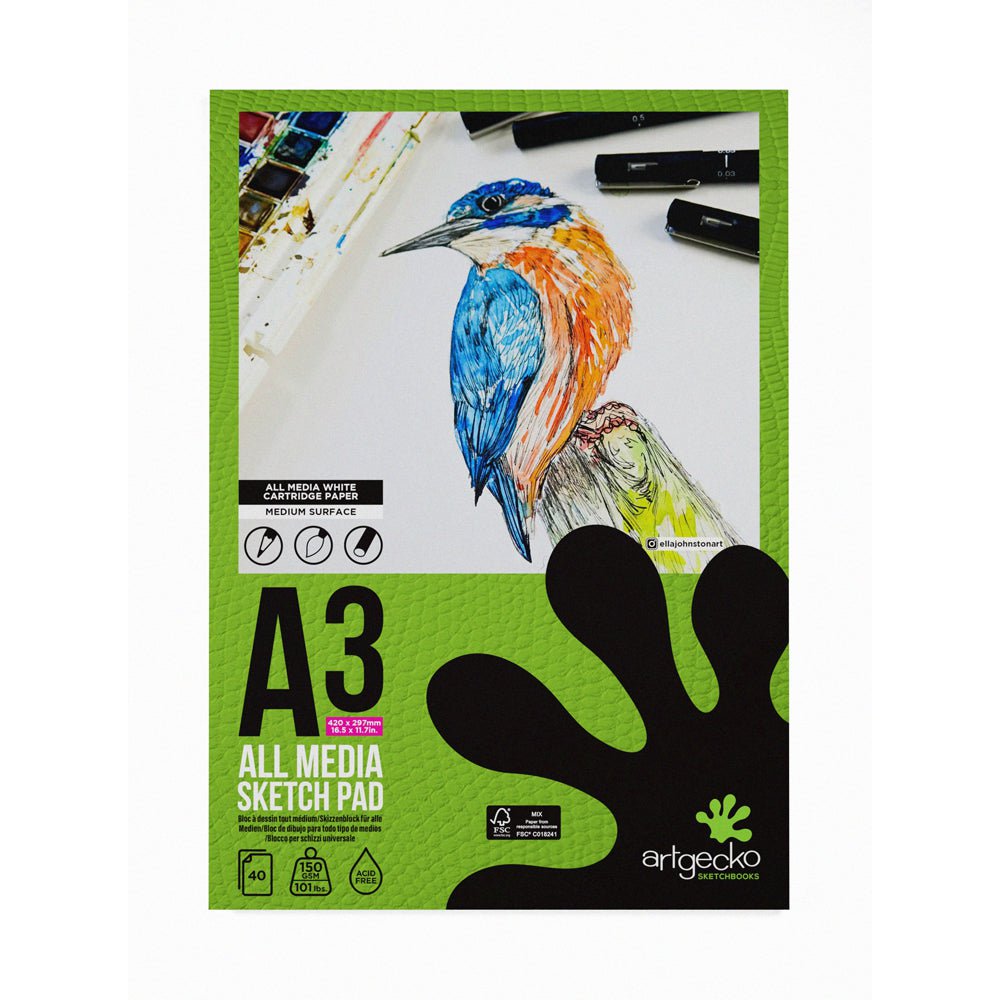 Artgecko Pro All Media Sketchpad A3 - 40 Sheets 150gsm White Paper for Drawing, Painting & Mixed Media - Perfect for Artists, Students & Professionals