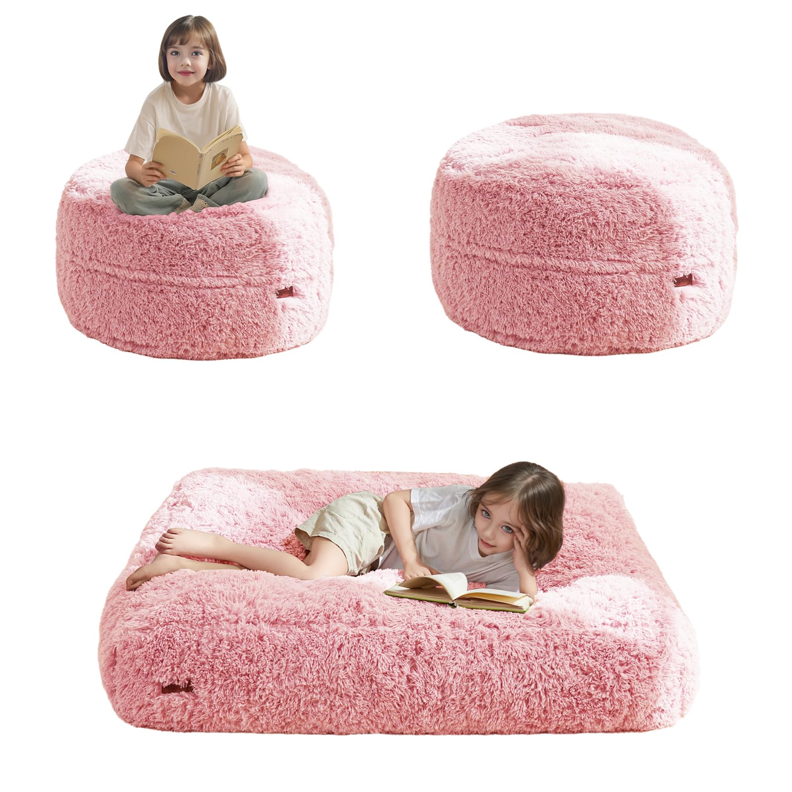 MAXYOYO Kids Bean Bag Chair Bed - Convertible Plush Floor Sofa to Mattress for Boys & Girls, Machine Washable Pink - Perfect for Playrooms, Dorms & Sleepovers