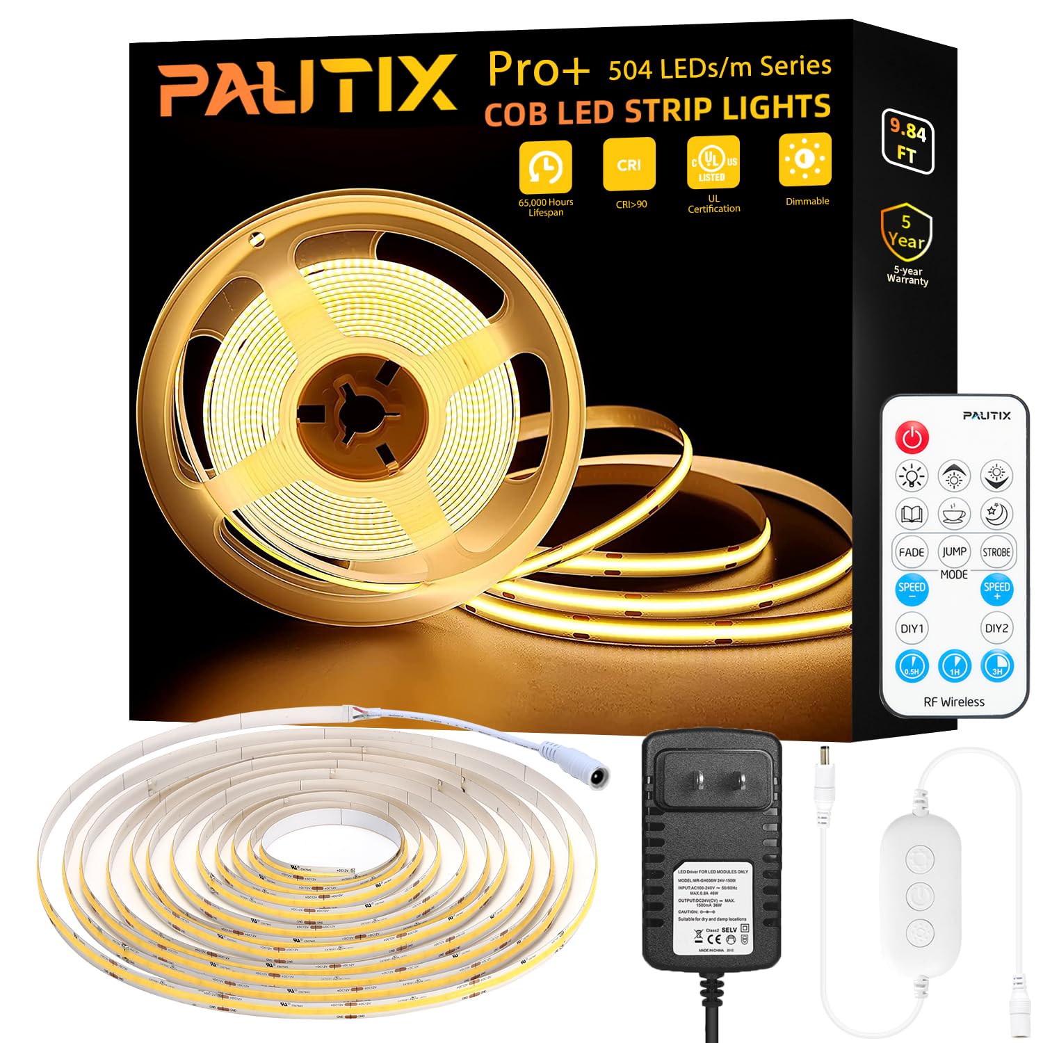 PAUTIX COB LED Strip Light 1512 LEDs Super Bright 3000K Warm White 9.84ft - Dimmable 24V LED Tape Light with 3M Adhesive & RF Remote (Timer Function) - 24W Power Supply - Perfect for Bedroom, Kitchen, Home DIY Lighting Projects & Accent Decor
