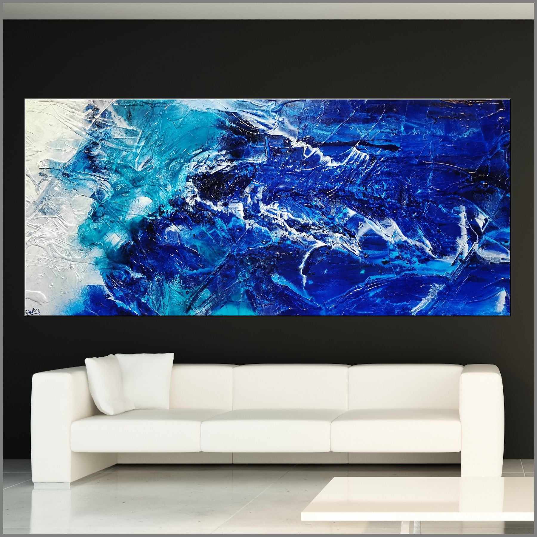 Azure Royalty 270cm x 120cm Blue White Textured Abstract Canvas Art - Modern Wall Decor for Living Room, Bedroom & Office