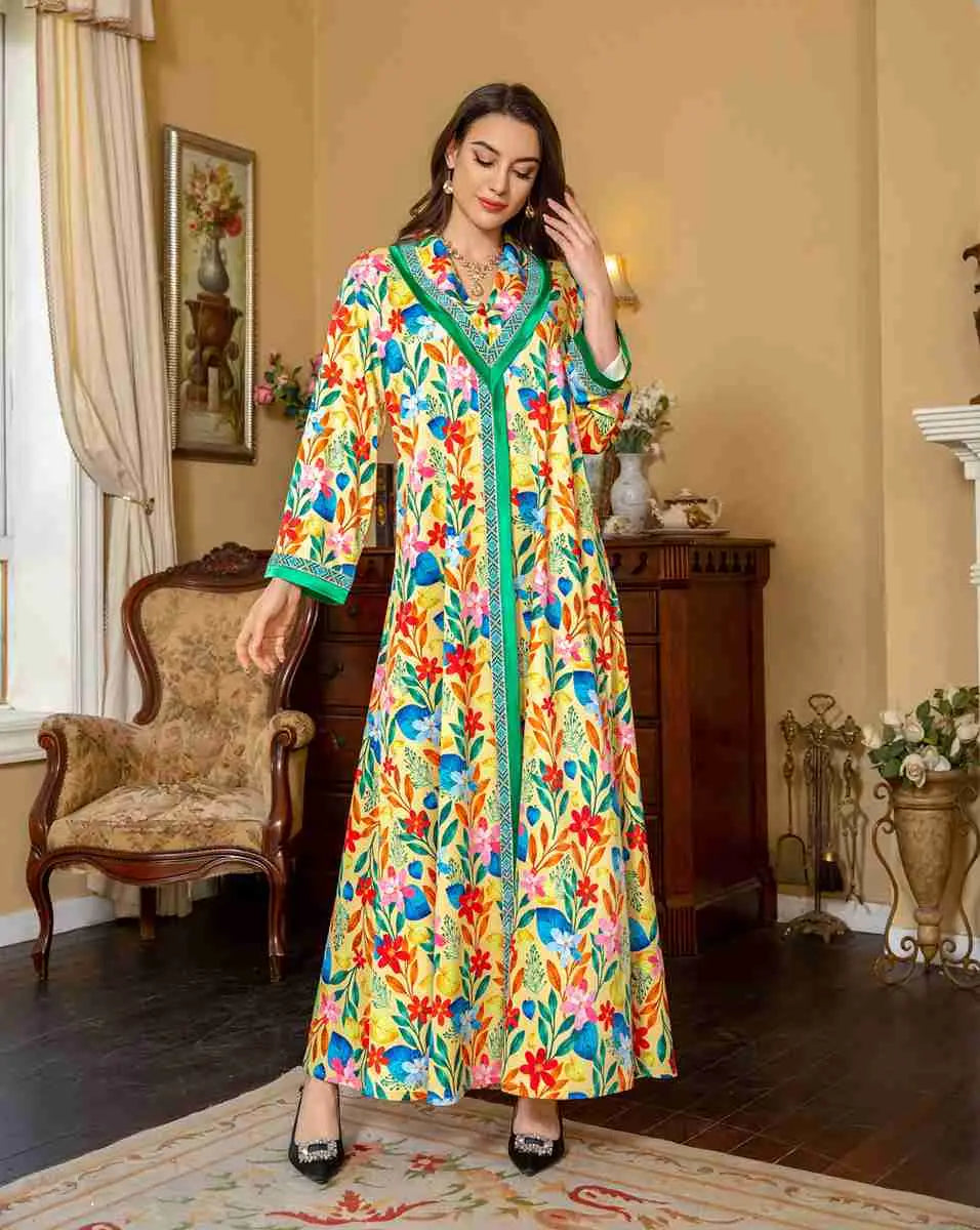 Elegant Hotfix Rhinestone Flower Printed Kaftan Dress - Eid Jalabiya Abaya for Women | Perfect for Eid Celebrations, Weddings & Special Occasions