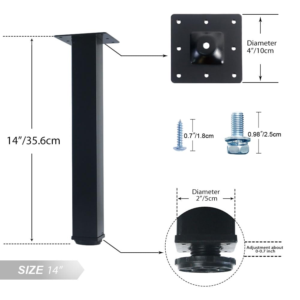 QLLY 14 Inch Adjustable Metal Table Legs - Square Office Furniture Legs Set of 4 (Black) - Perfect for Office Desks, Dining Tables & Workbenches