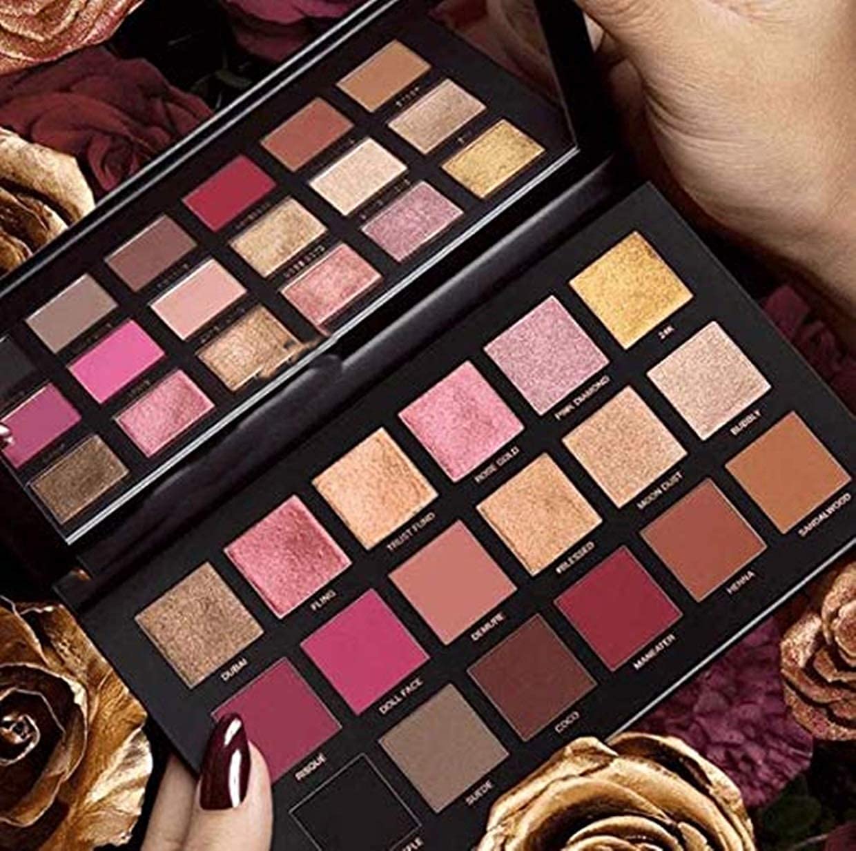 FOZZBY 18 Color Shimmer Eyeshadow Palette - Waterproof, Long-Lasting, Rose Gold & Multicolor Shades with 5Pcs Pink Makeup Brushes for Professional Makeup | Perfect for Daytime Glam, Night Out, and Special Occasions