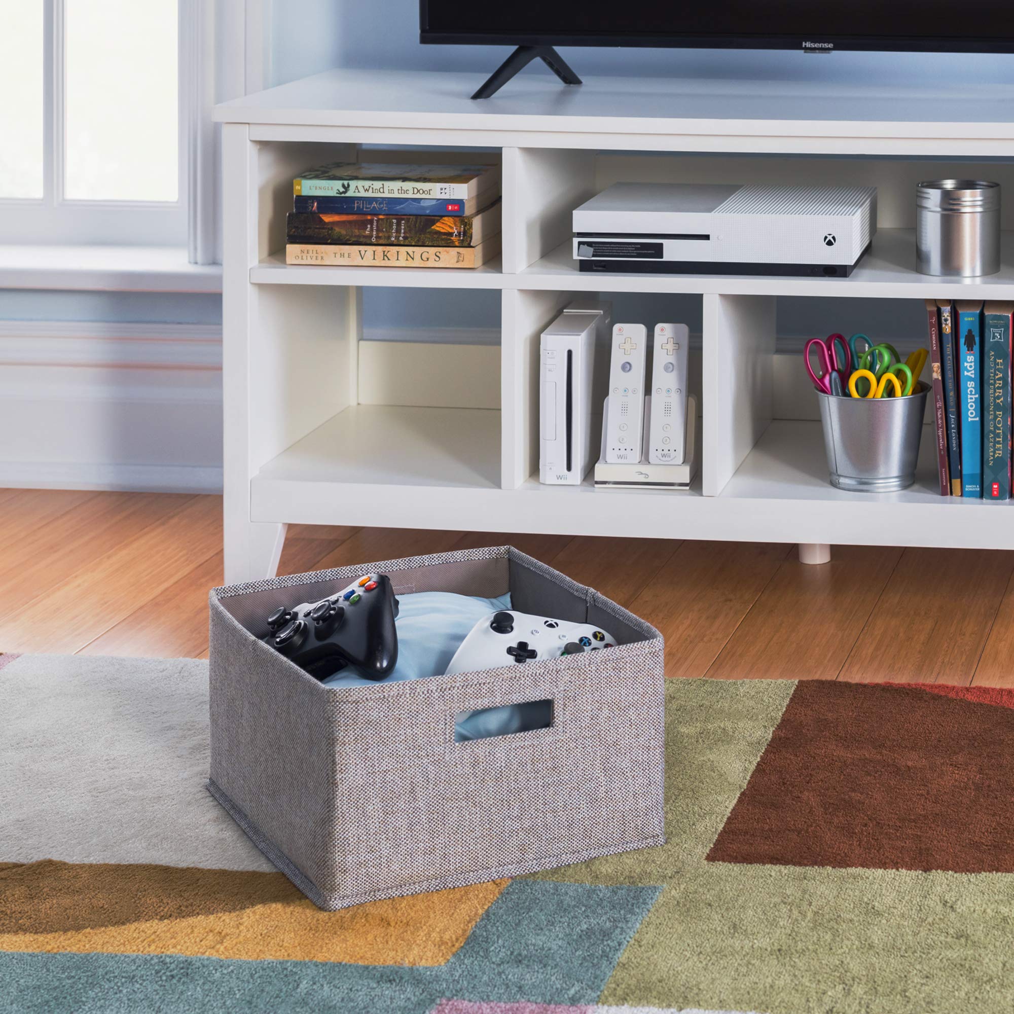 Martha Stewart Kids' Media Console - Creamy White Wooden TV Stand with Storage Shelves & Fabric Bins, 55 Inch TV Entertainment Center | Perfect for Playroom, Living Room & Bedroom Organization