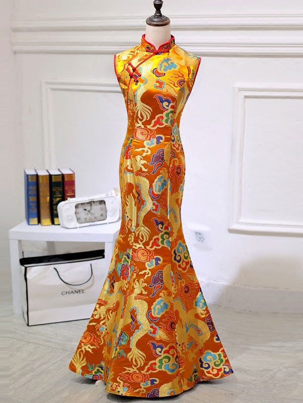 Elegant Red and Yellow Dragon Fishtail Cheongsam Qipao Prom Dress - Vintage Chinese Evening Gown for Formal Events, Parties, and Cultural Celebrations
