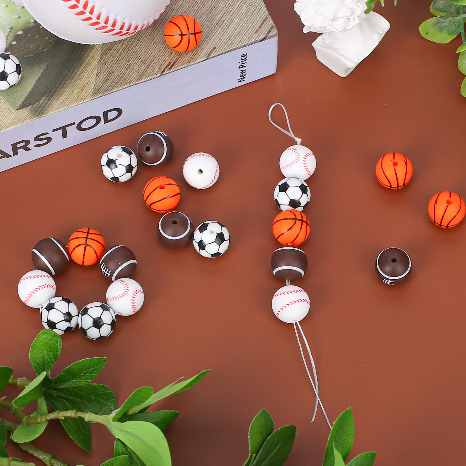 15mm Silicone Sports Beads - 24pcs Multicolor for DIY Jewelry & Keychains - Football Basketball Baseball Crafts