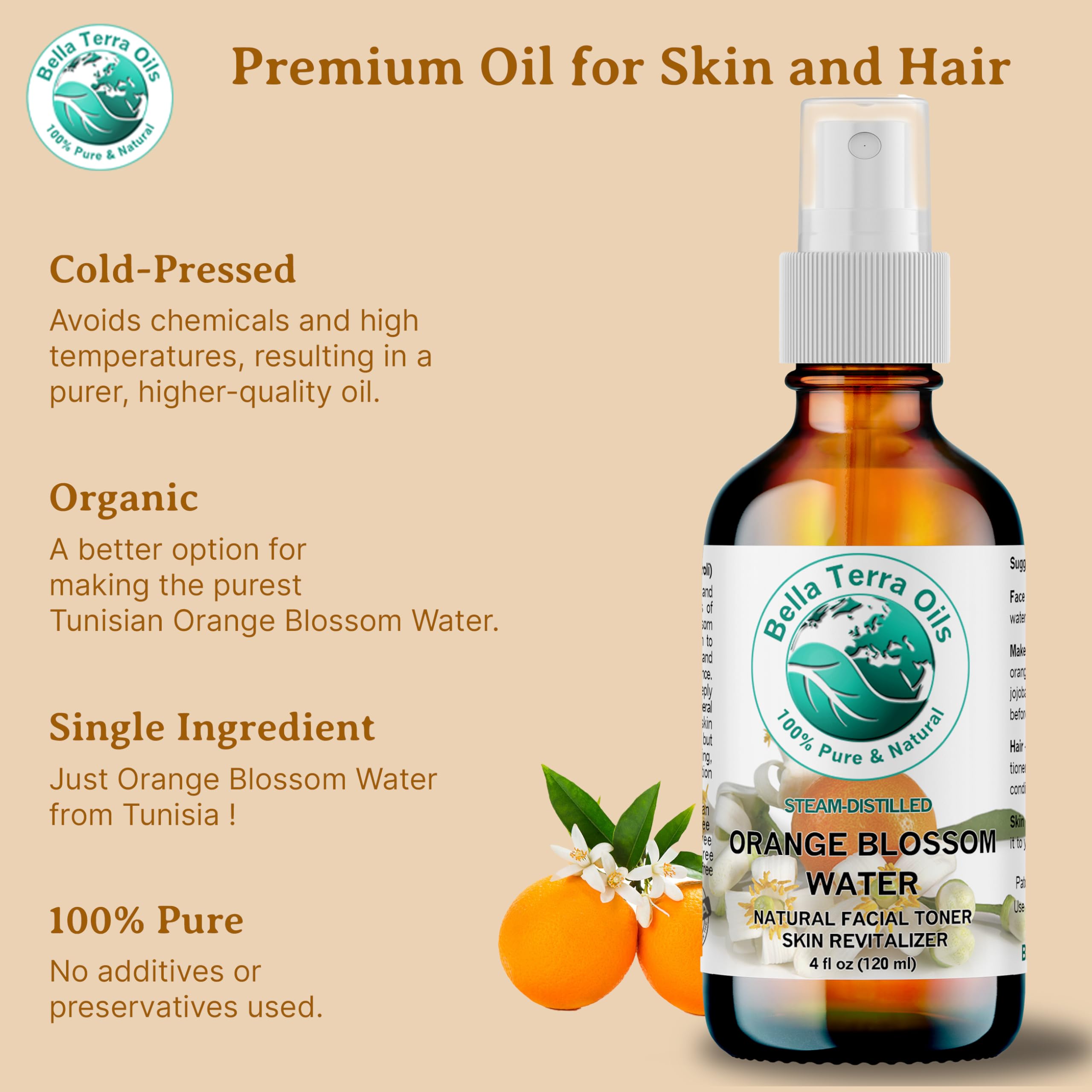 Bella Terra Oils Orange Blossom Water (Neroli Hydrosol) - 1 Gallon Natural Skin Refresher for Radiant Glow, Pure Aromatherapy Hydrosol | Perfect for Facial Toner, DIY Skincare & Relaxing Baths