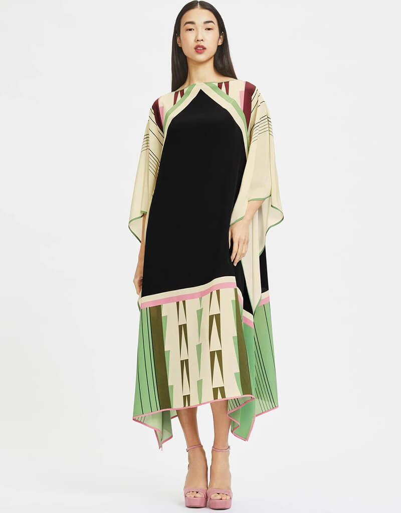 Luxury Black and Beige Silk Crepe Kaftan Dress - Elegant Flowy Maxi Kaftan for Women - Perfect for Beach Cover Up, Resort Wear & Boho Chic Outfits