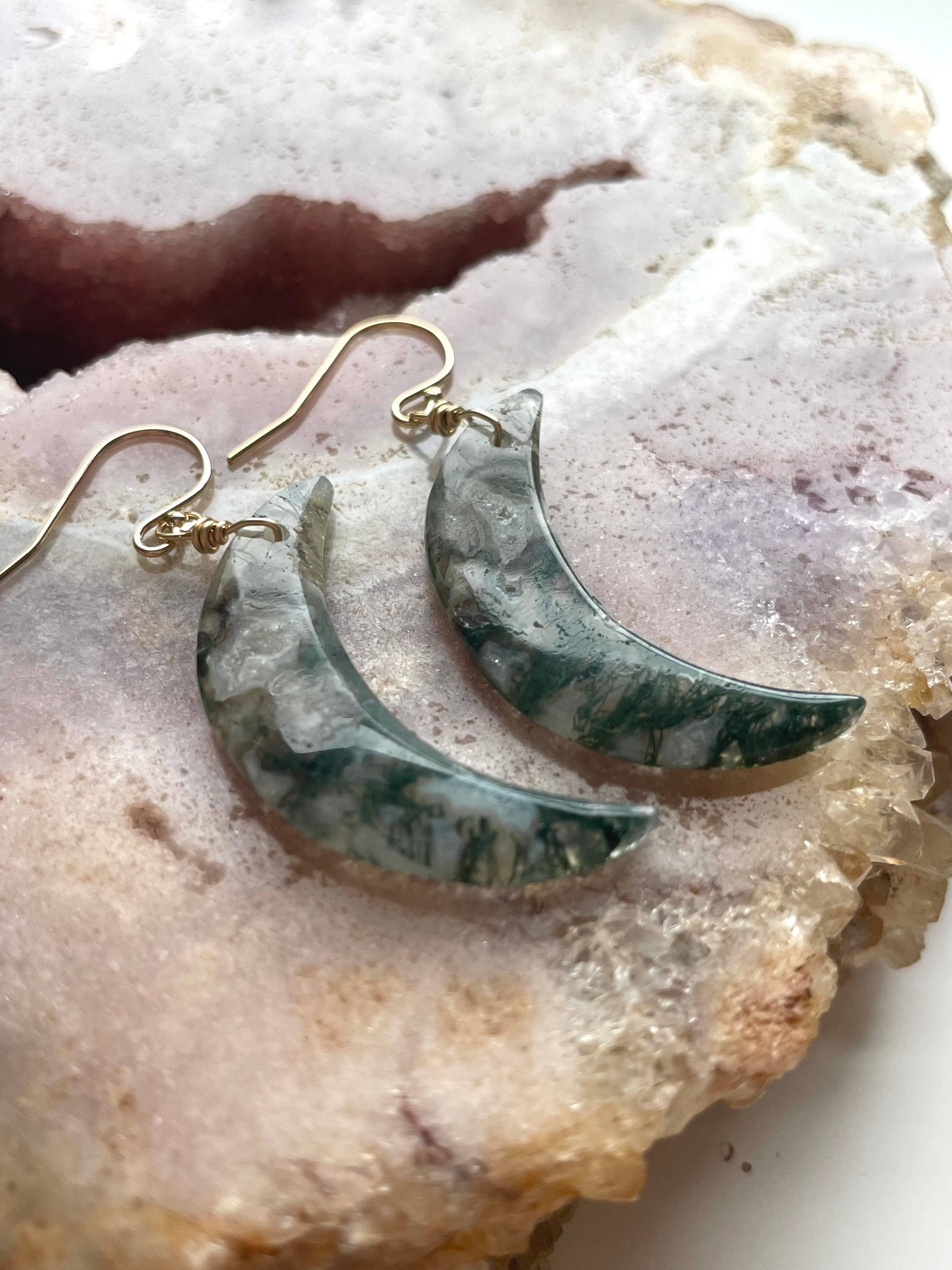 Natural Moss Agate Moon Dangle Earrings - Gold Filled Statement Jewelry for Women - Perfect for Boho, Hippie & Festival Outfits