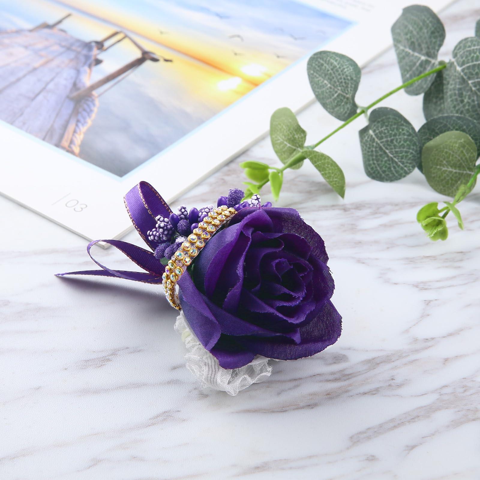 Elegant Purple Rose Wrist Corsage 4 Packs - Wedding Bridesmaid Flower Wristband for Bride, Prom, Party & Special Occasions | Perfect for Ceremonies, Dances, and Formal Events (4-Pack, Purple Rose Wrist Flowers)