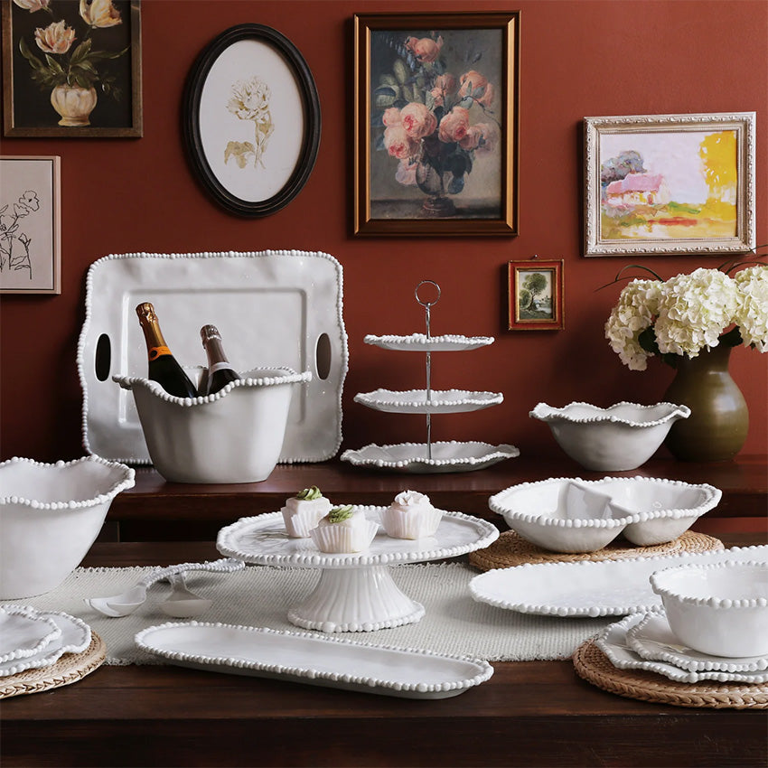 Beatriz Ball Vida Alegria Rectangular Serving Tray with Handles - Elegant White Entertaining Platter for Parties, Dining & Home Decor