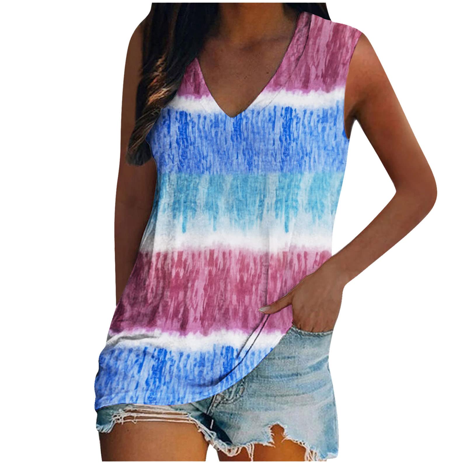 Women's Summer V-Neck Tank Tops - Cute Sleeveless Loose Fit Printed T-Shirts for 4th of July Outfits & Casual Wear | Trendy Vacation, Beach, and Everyday Fashion