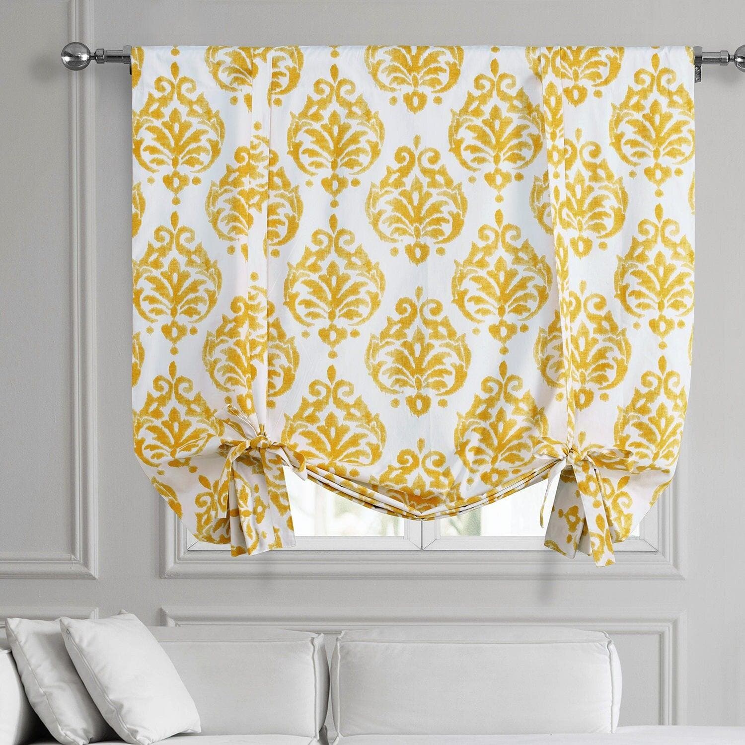 Premium Sandalwood Gold Damask Printed Blackout Window Shade - Stylish Room Darkening Tie-Up Curtain for Bedroom, Living Room & Nursery - Blocks Sunlight & Enhances Privacy