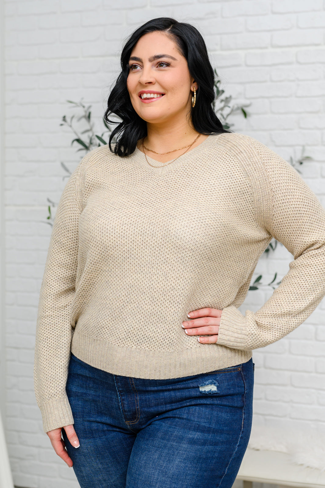 Cozy Oatmeal Chai Latte V-Neck Sweater for Women | Soft Knit Pullover | Perfect for Fall & Winter Layering, Casual Outfits, and Coffee Dates