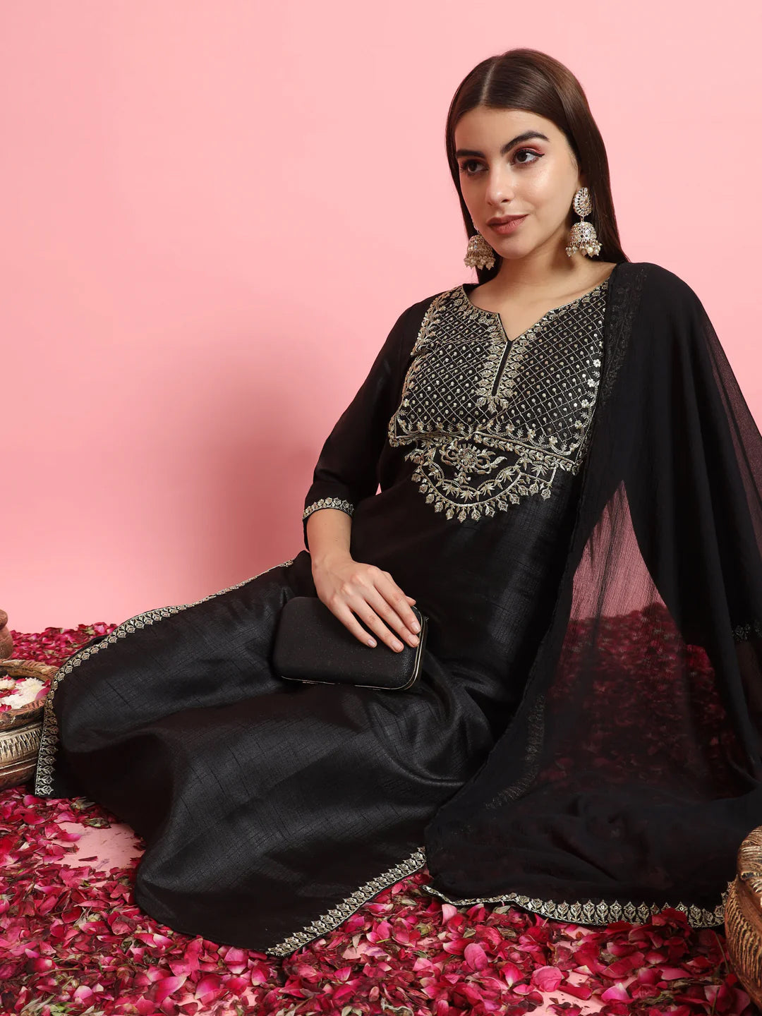 Elegant Black Designer Pant Suit with Embroidery & Sequins - Formal Office Wear & Evening Party Outfit for Women
