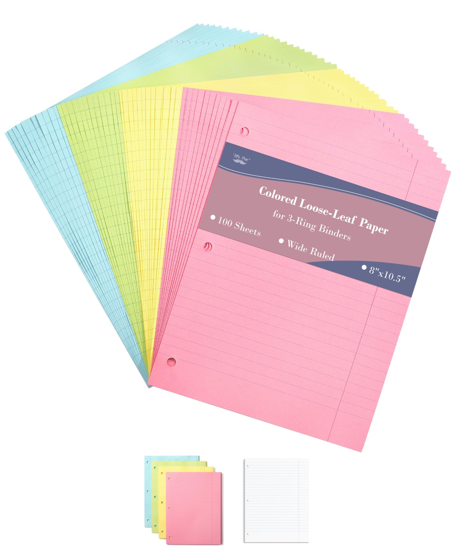Mr. Pen Colored Loose Leaf Paper - Wide Ruled, 100 Sheets, 8” x 10.5”, 3-Hole Punched for Binders - Vibrant Notebook Paper for School, Office & Journaling - Assorted Colors Writing Paper, Filler Paper, Lined Paper