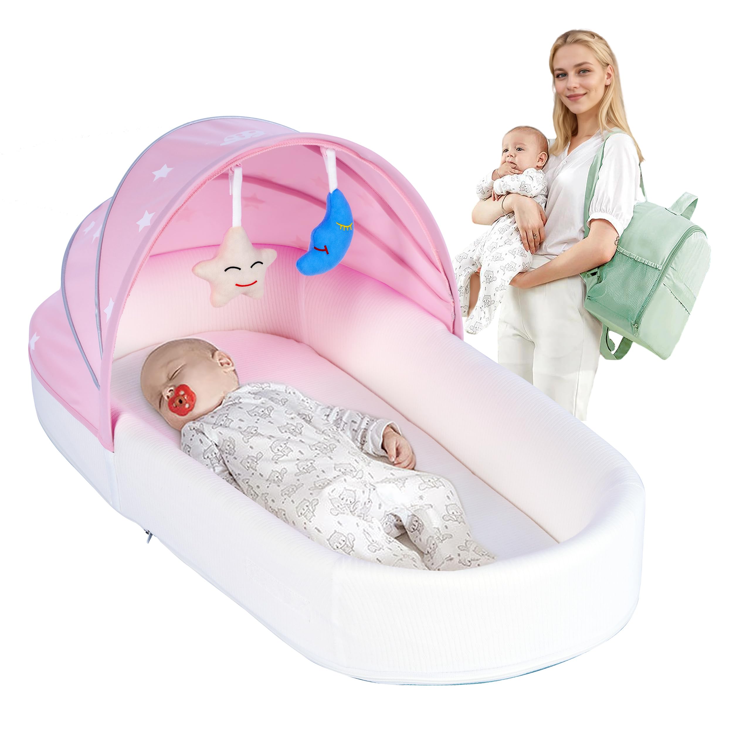 Portable Newborn Nest Lounger - Travel Bassinet with Canopy & Mosquito Net, Lightweight Foldable Baby Bed with Cotton Cover & Supportive Mattress - Washable for Indoor & Outdoor Use (Pink) - Perfect for Nursery, Travel, Beach & Park Outings