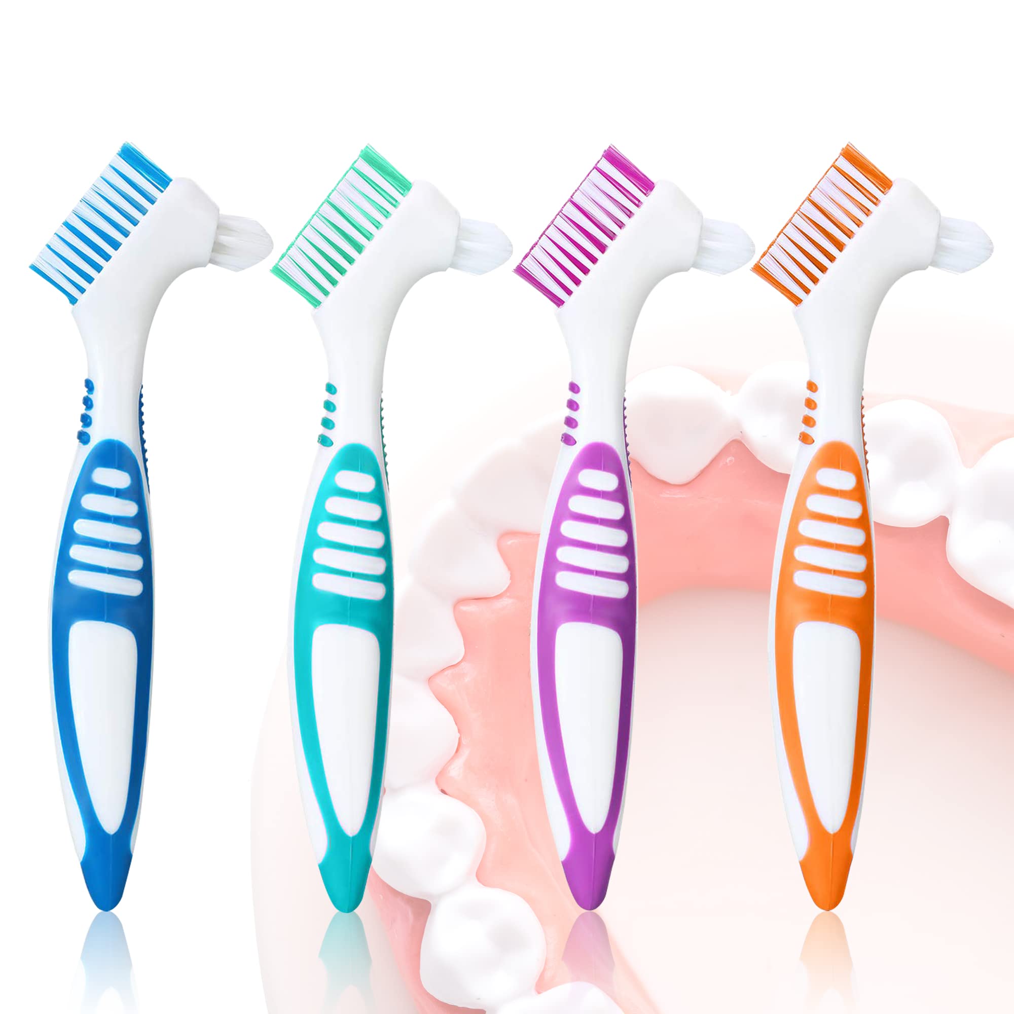 4-Pack Denture Cleaning Brushes - Double-Sided Toothbrush with Multi-Layered Bristles & Anti-Slip Rubber Handle for Dentures Care (Green, Purple, Blue, Orange) - Perfect for Daily Denture Hygiene and Deep Cleaning at Home