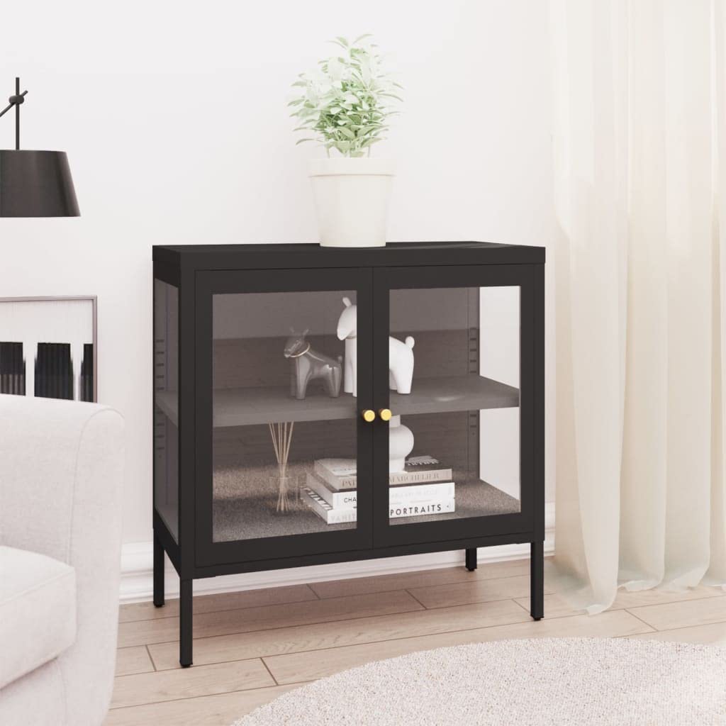 Modern Sideboard with Glass Door - Black Steel Storage Cabinet with Adjustable Shelf & Feet - Bookshelf, Media Storage & Home Decor Organizer for Living Room, Bedroom or Office