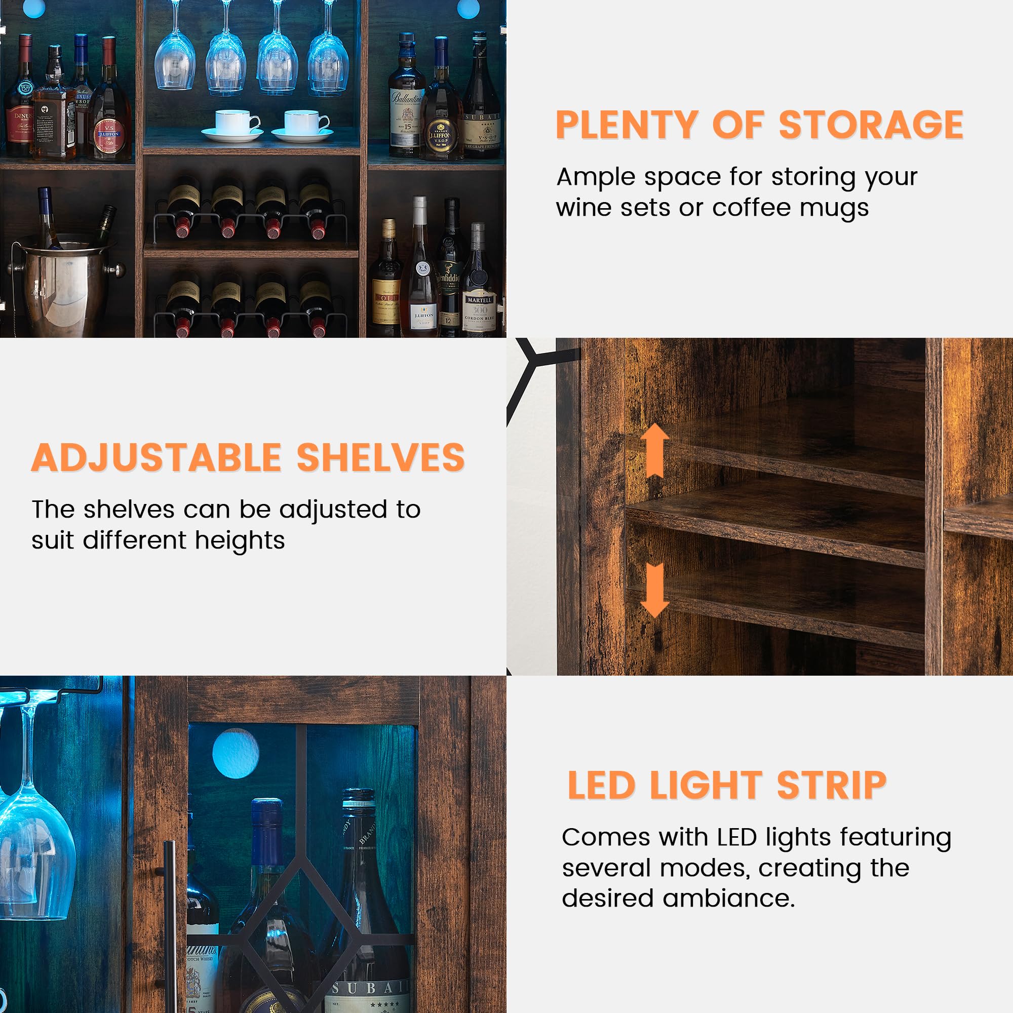 GAOMON Rustic Brown Wine Bar Cabinet with LED Lights - Home Coffee & Liquor Storage Cabinet with Glass Rack, Kitchen Buffet Sideboard for Dining Room, Bar - Perfect for Entertaining Guests & Organizing Glassware
