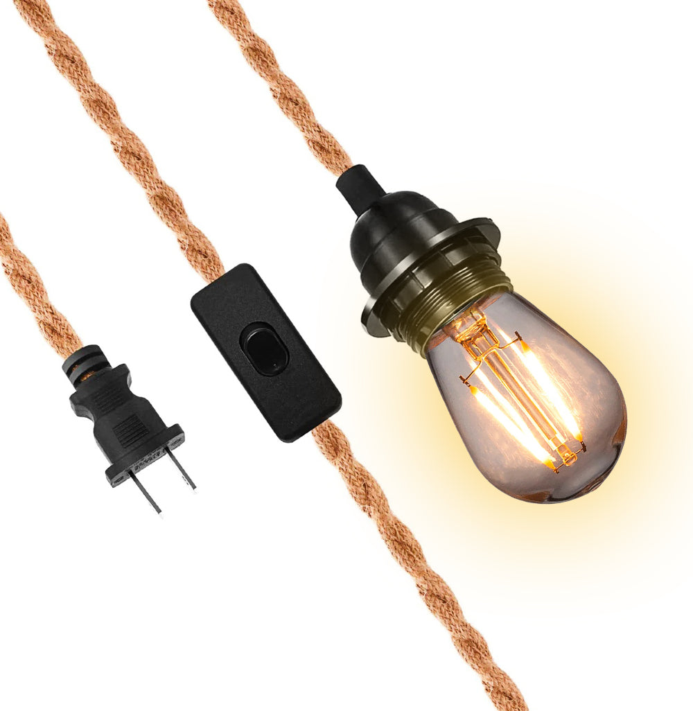 15FT Jute Rope Pendant Light with LED Bulbs & Switch - Vintage Industrial Hanging Lamp for Kitchen Island, Dining Room, or Bedroom Lighting