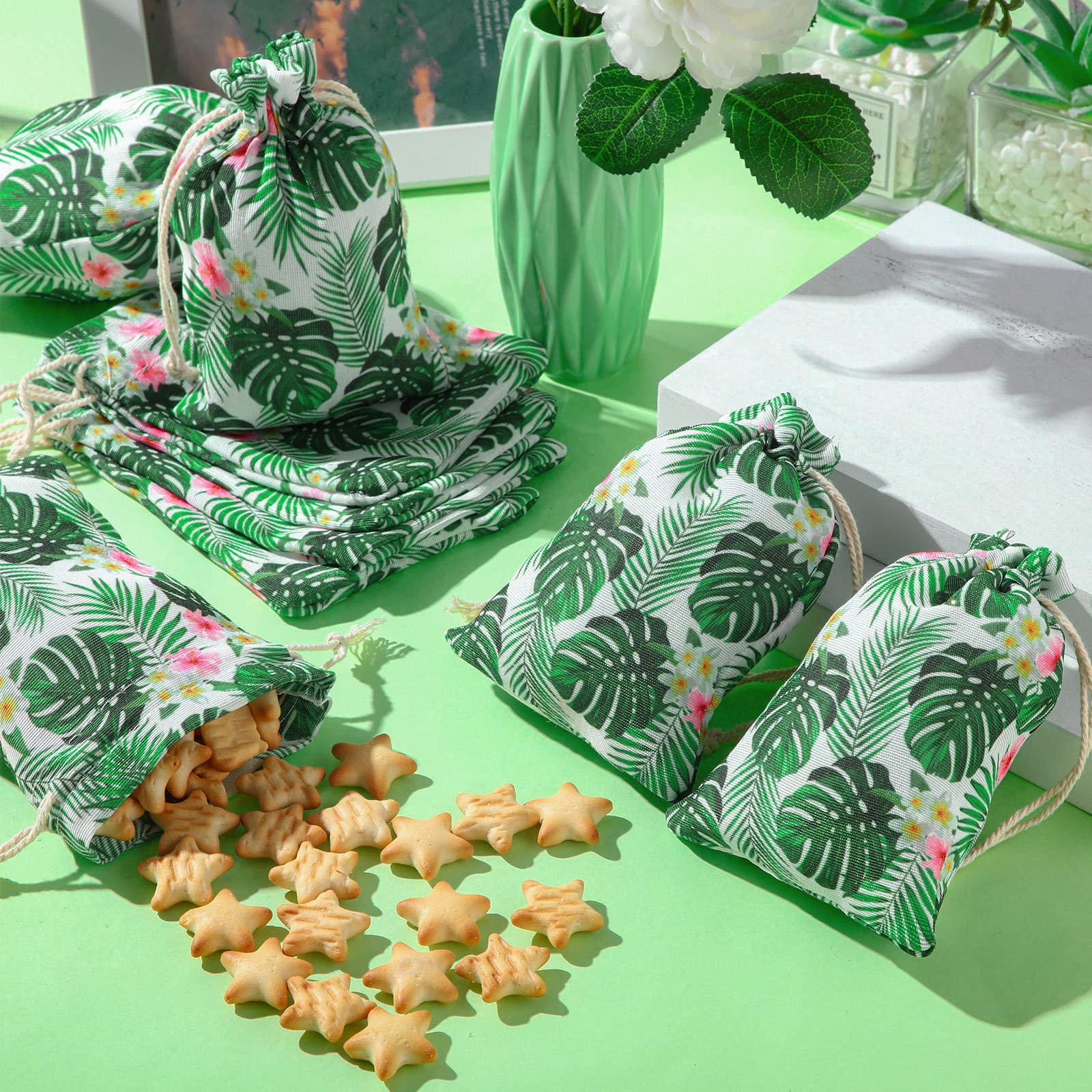 20 Pack Tropical Themed Gift Bags for Hawaii Luau Party Favors - Eco-Friendly Palm Leaf Drawstring Candy Bags (4x6 Inches) - Perfect for Beach Weddings, Summer Parties & Hawaiian Theme Events