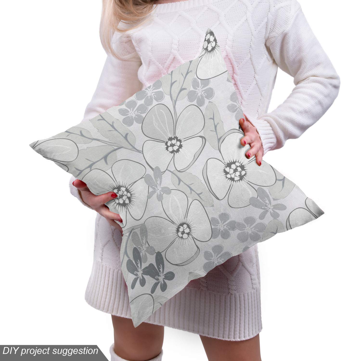 Ambesonne Floral Fabric by The Yard - Abstract Hand-Drawn Spring Flowers with Grey Backdrop | 10 Yards Upholstery Fabric for Sofa, Curtains & Home Decor | Pale Grey & White Decorative Cotton Material | Perfect for DIY Projects, Pillow Covers & Table Runners