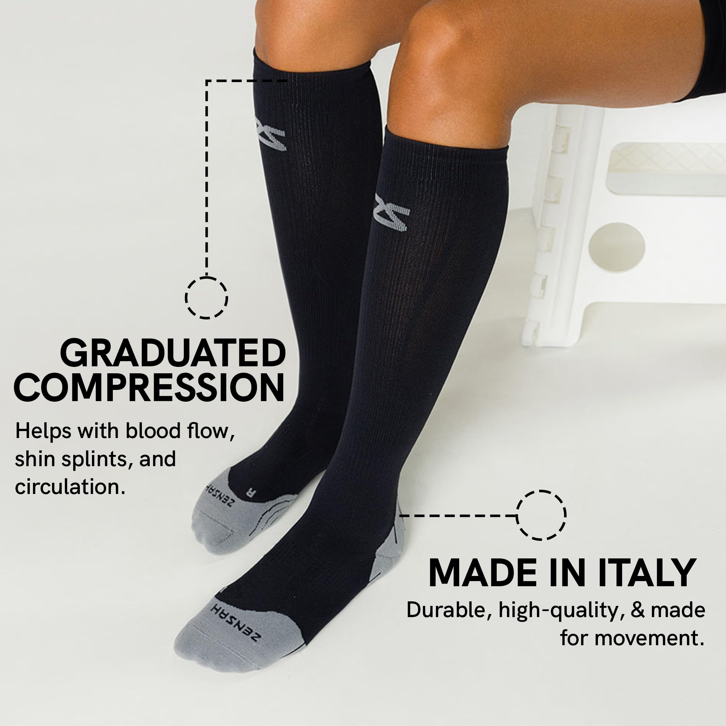 Zensah Tech+ Compression Socks - Best Knee High Running Socks for Sports, Travel & Recovery - Made in Italy - Perfect for Marathon, Hiking & Long Flights