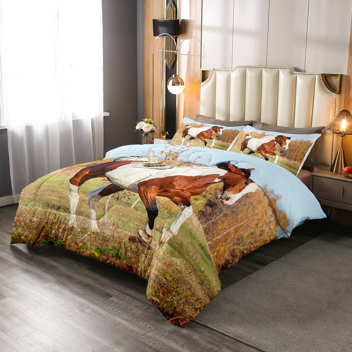 3-Piece Horse Comforter Set - Autumn Tree Design Duvet Cover with Ultra Soft Microfiber Fill for Teens & Adults - Farmhouse Animal Theme Bedding - Perfect for Cozy Fall Nights & Country-Themed Bedrooms