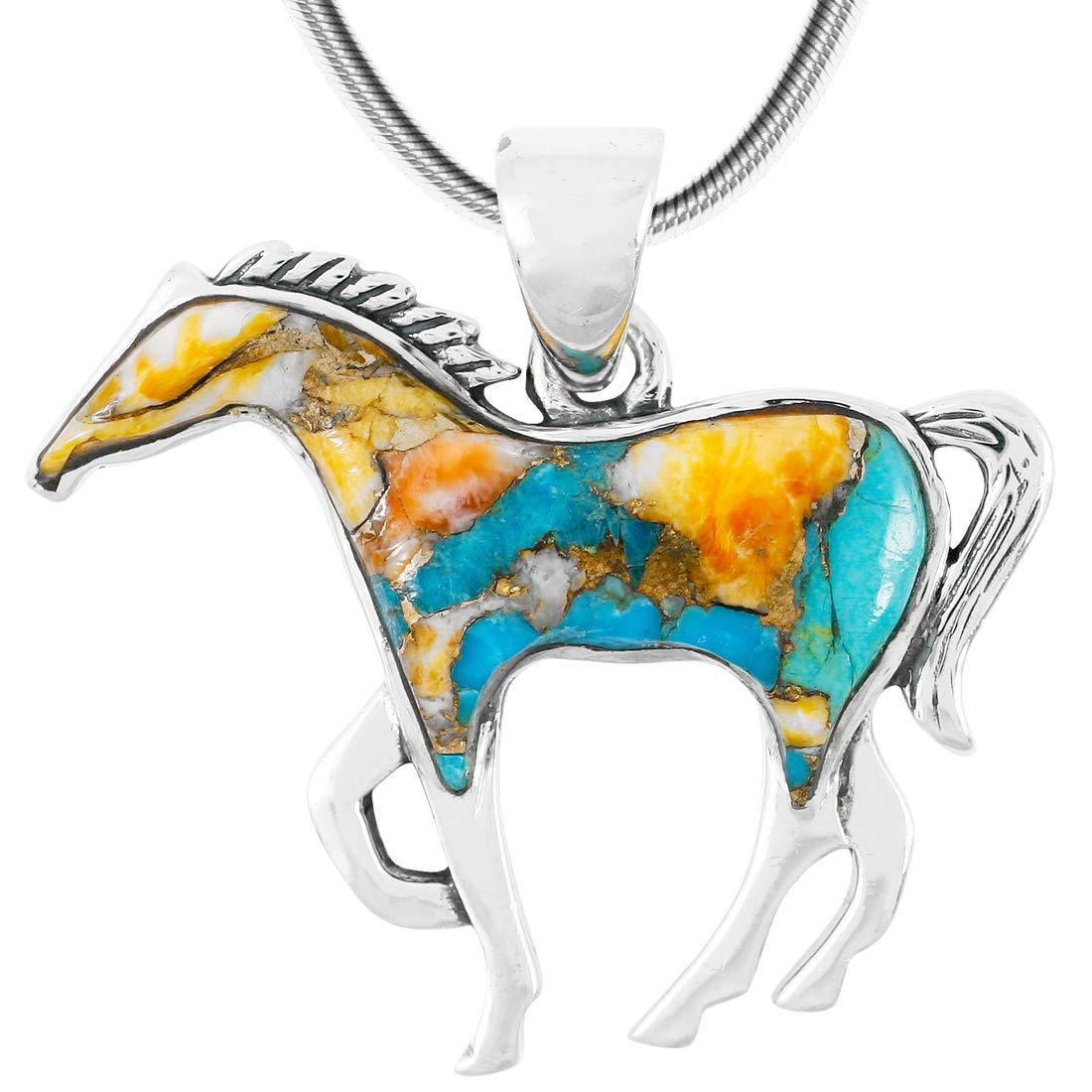 Authentic Sterling Silver Horse Necklace with Genuine Turquoise & Gemstones - 20