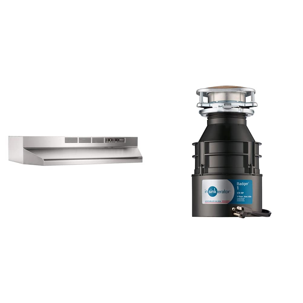 **Broan-NuTone 413004 30-Inch Stainless Steel Non-Ducted Ductless Range Hood with LED Lights & Exhaust Fan for Under Cabinet - Perfect for Kitchen Ventilation | InSinkErator Badger 1 Garbage Disposal with Power Cord, 1/3 HP Continuous Feed - Ideal for Waste Management in Small to Medium Kitchens**