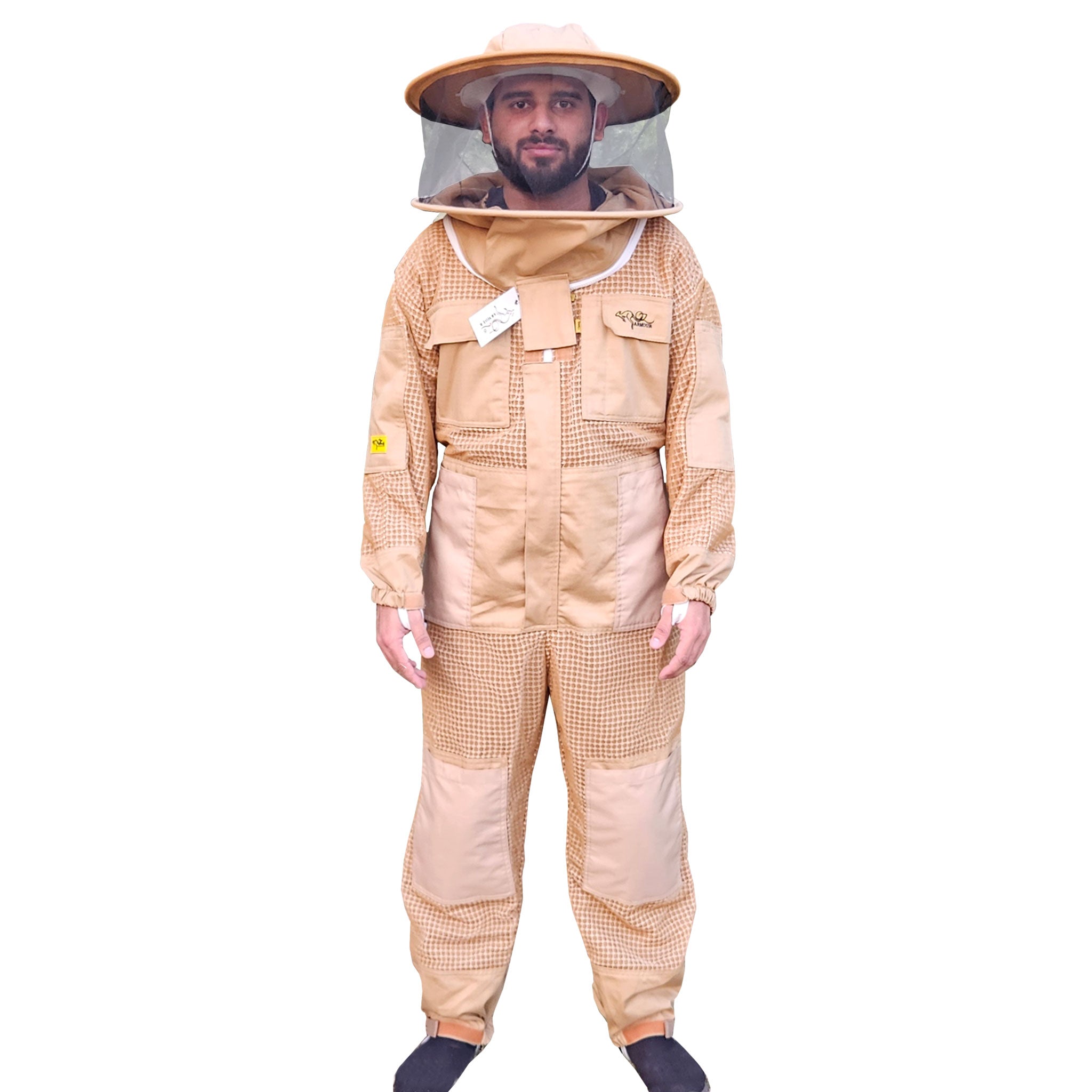 Khaki 3-Layer Mesh Ventilated Beekeeping Suit with Round Brim Hat - Full Body Protection for Beekeepers - Beekeeping, Honey Harvesting, and Hive Inspection Gear