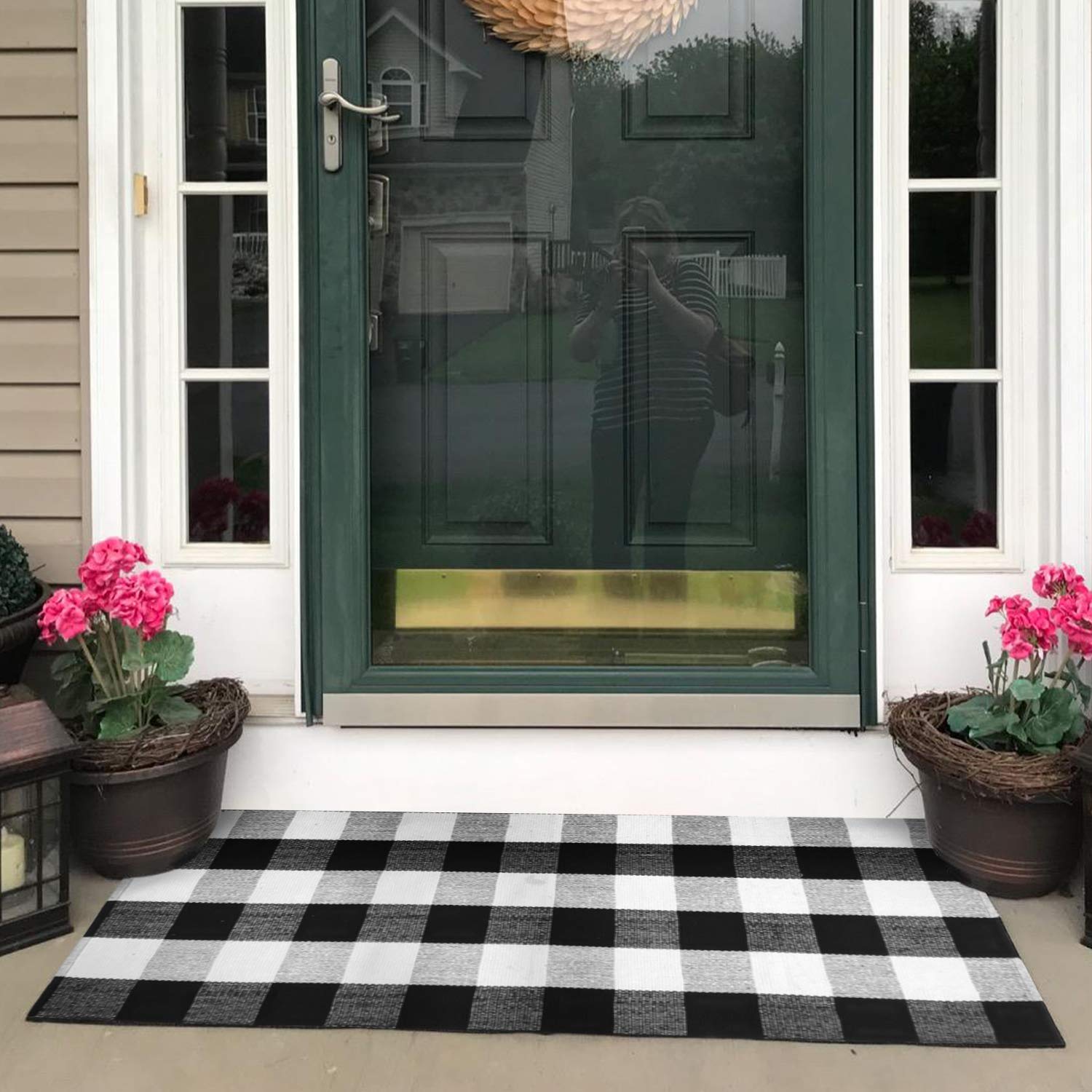 USTIDE Buffalo Check Rug 23.6''x51'' - Washable Cotton Black & White Plaid Doormat - Hand-Woven Farmhouse Style Entryway Rug for Front Door, Porch & Layered Decor - Perfect for Rustic, Retro & Vintage Home Decor