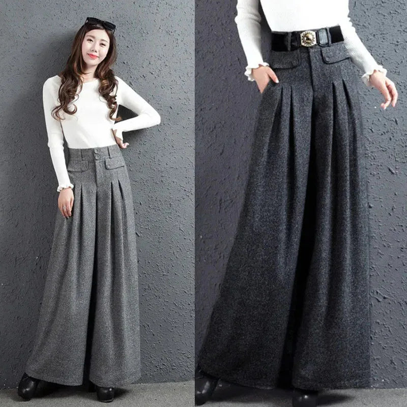Women's High Waist Wool Blend Wide Leg Pants - Autumn Winter Korean Fashion Oversized Culotte Trousers with Belt | Casual Office Wear & Street Style Outfits