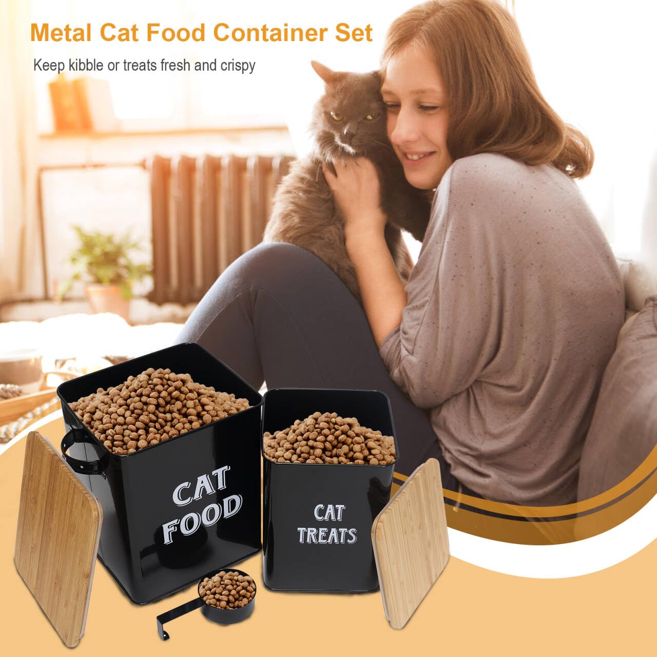 Premium Cat Food and Dog Treat Storage Containers with Scoop - Airtight Wood Lids, Durable Carbon Steel Canisters - Pet Food Storage Solution for Kitchen, Pantry or Pet Feeding Station (Black)