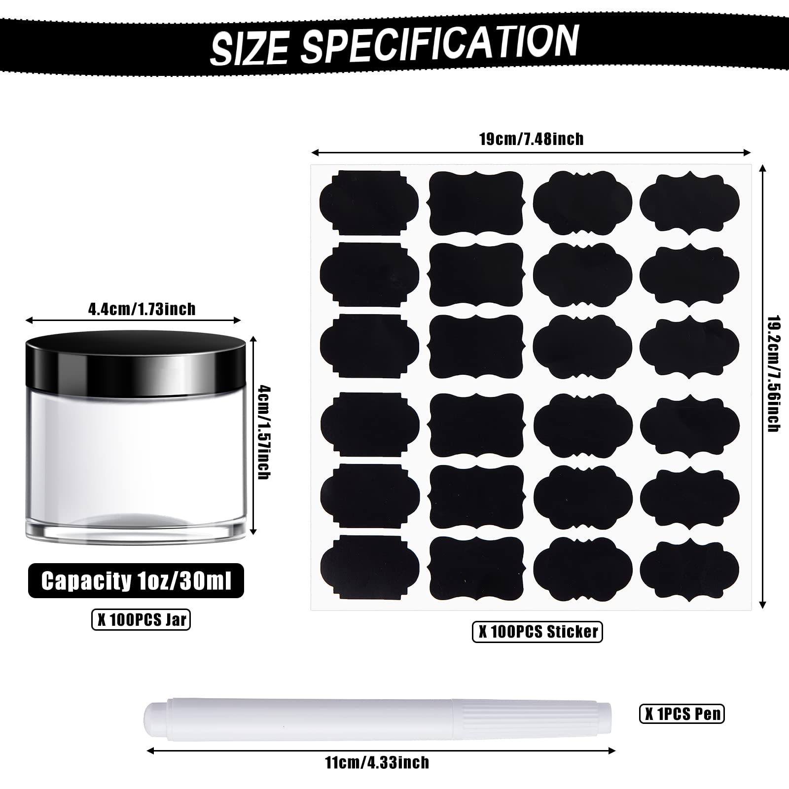100-Piece Plastic Travel Makeup Jars with Lids - 1oz Small Cosmetic Containers for Creams, Toiletries & Skincare - Includes Chalkboard Labels & Marker (Black) | Perfect for DIY Beauty, Travel Organizers & Sample Storage