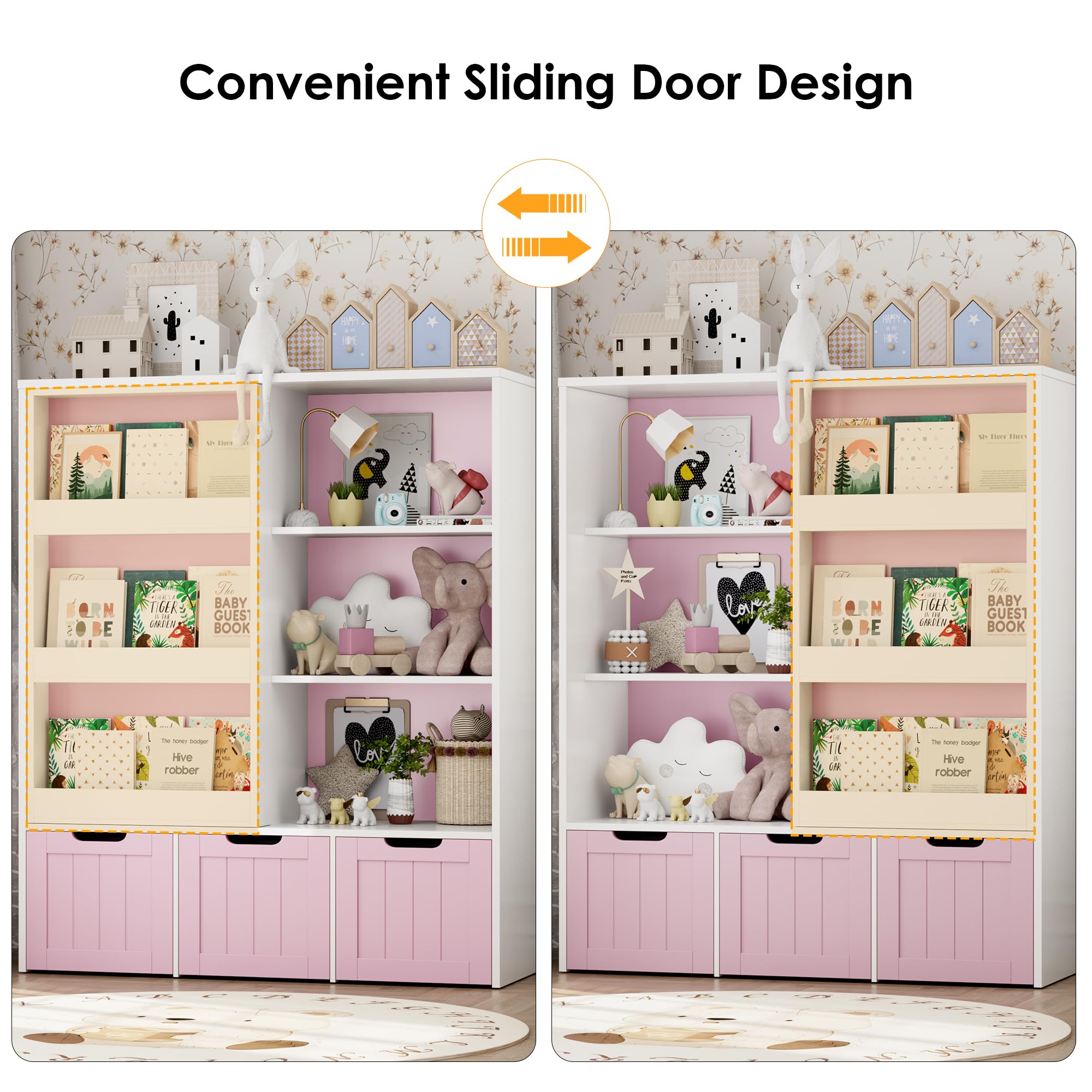 FOTOSOK Kids Toy Storage Organizer with Sliding Bookshelf - 3 Movable Drawers & 6 Storage Cubbies for Playroom, Bedroom, Nursery | Toy Organizer for Books, Toys, Games - Perfect for Playroom Organization & Kids Room Decor