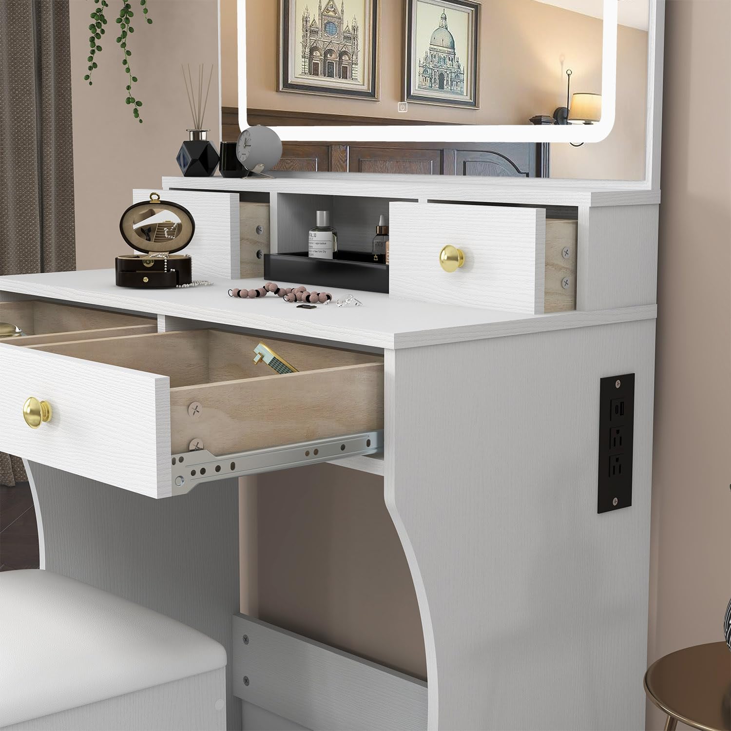 Vanity Desk Set with Adjustable LED Lighted Mirror & Stool - 4-Drawer Makeup Dressing Table with Power Outlet for Girls & Women - Perfect for Bedroom, Dorm, or Home Beauty Station (White)