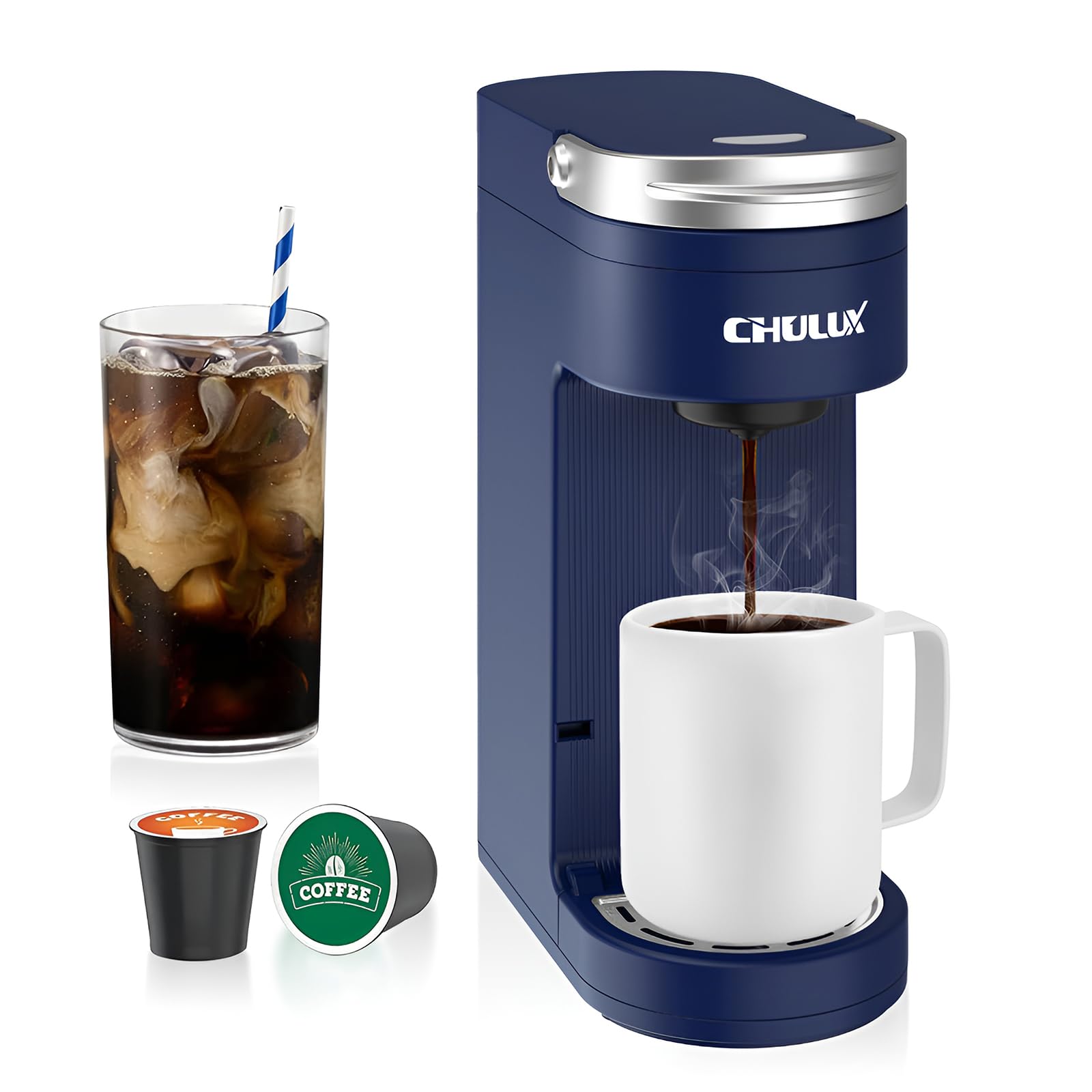 CHULUX Slim Single Serve Coffee Maker for K-Cups & K-Pods - Compact One Cup Coffee Machine with 6-12oz Brew Sizes, Fits 7.3