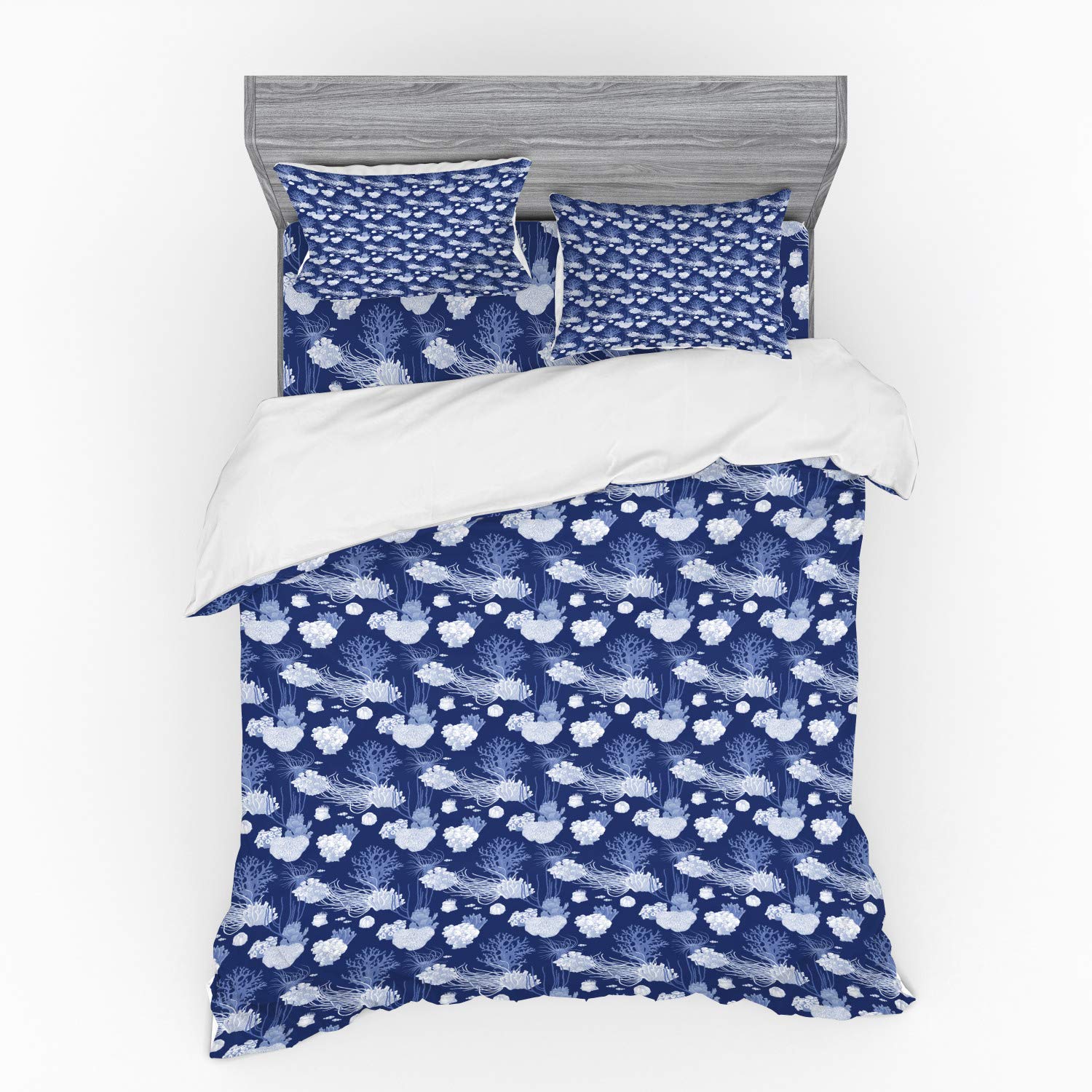 Ambesonne 4-Piece Nautical Duvet Cover Set - Queen Size, Sketch Sea Coral Pattern in Lavender & Ceil Blue, Includes Shams & Fitted Sheet | Perfect for Coastal Bedroom Decor, Beach House Styling & Ocean-Themed Guest Rooms