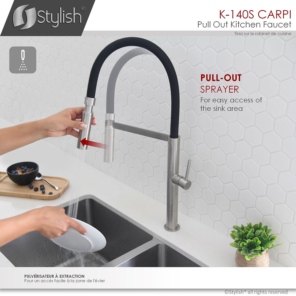 Stylish CARPI Single Handle Pull Down Kitchen Faucet - Modern Brushed Nickel Finish for Easy Cooking & Dishwashing | Perfect for Home & Restaurant Use