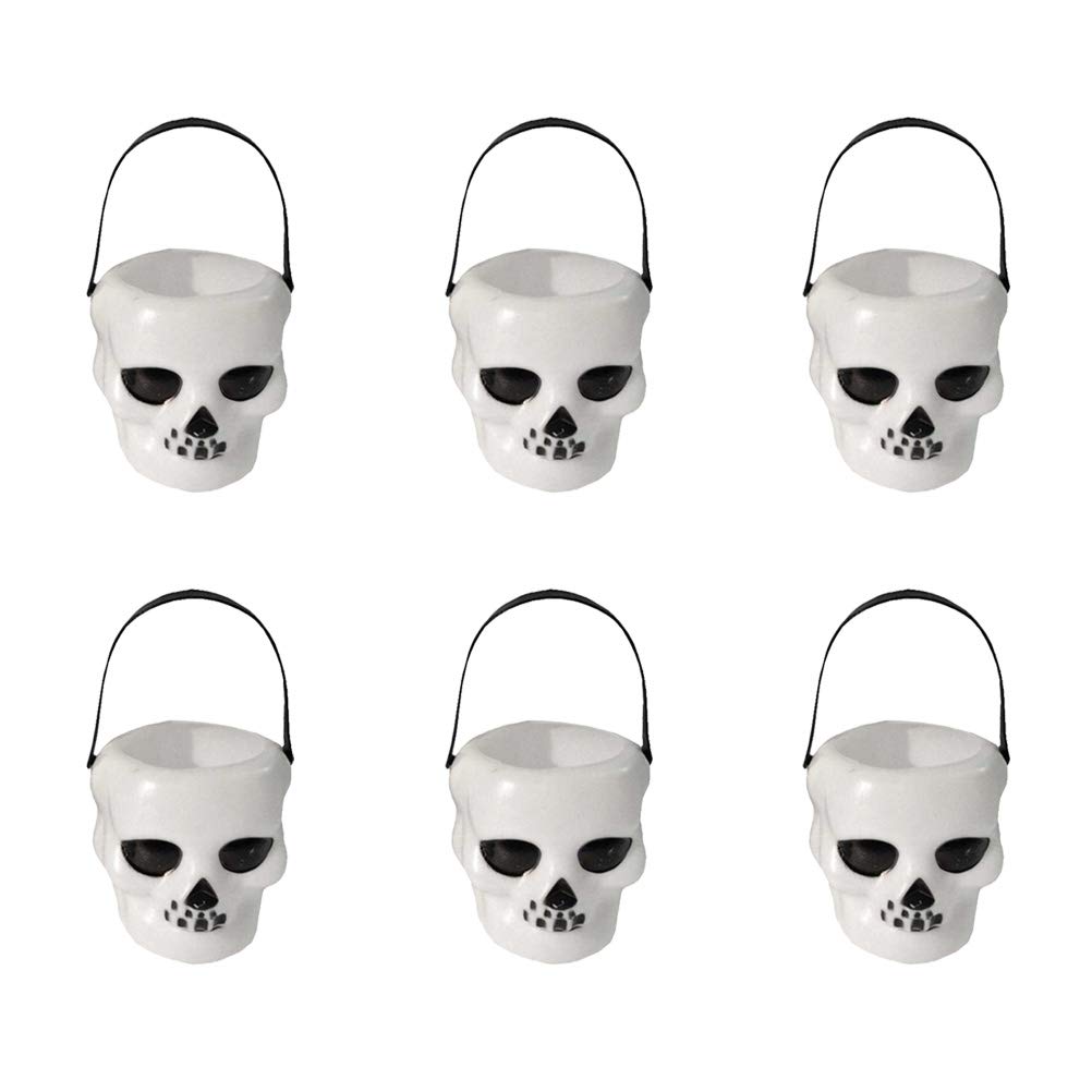PRETYZOOM 6pcs Halloween Candy Buckets - 6x5.5cm Skull Head Shaped Trick or Treat Pails for Kids Party Favors (White) - Perfect for Halloween Parties, Trick or Treating & Spooky Decorations