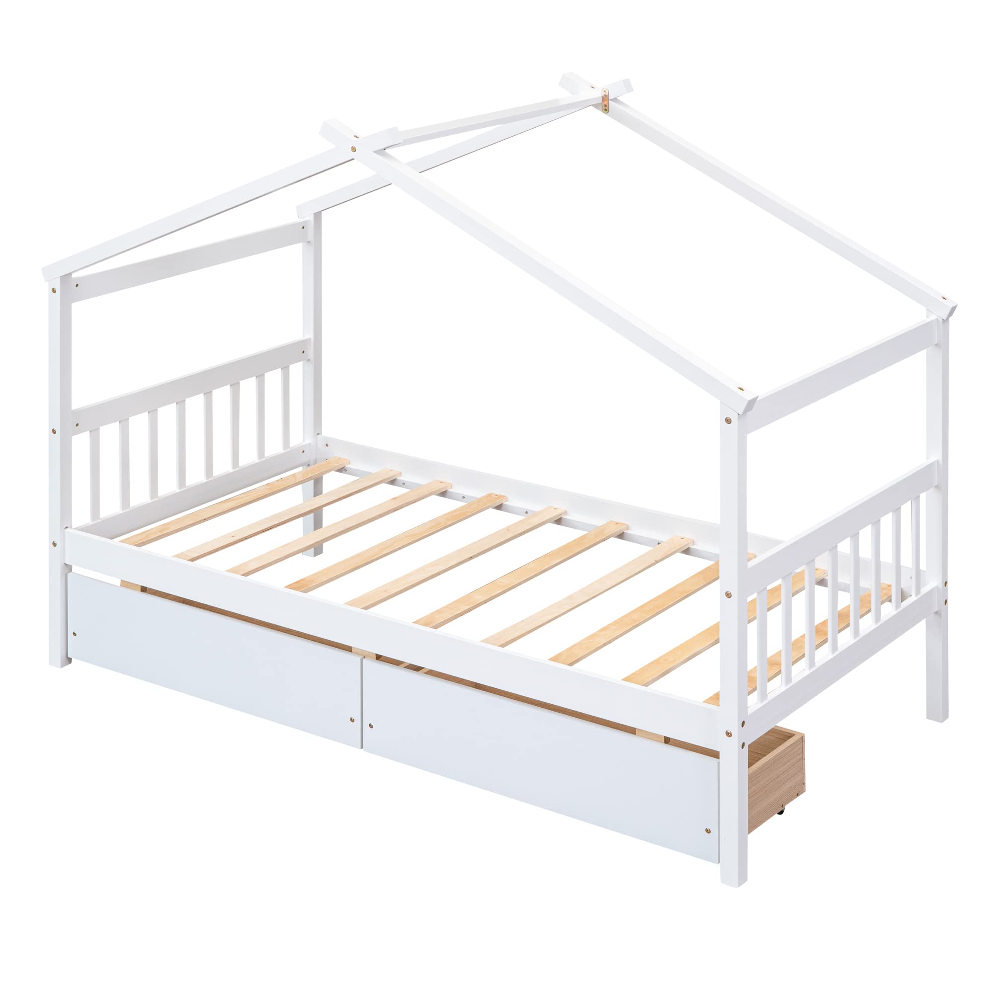 Harper & Bright Designs Twin Size Wooden House Bed Frame with Storage Drawers - Roof Design for Kids, Boys & Girls - Perfect for Bedrooms, Playrooms & Sleepovers (White)