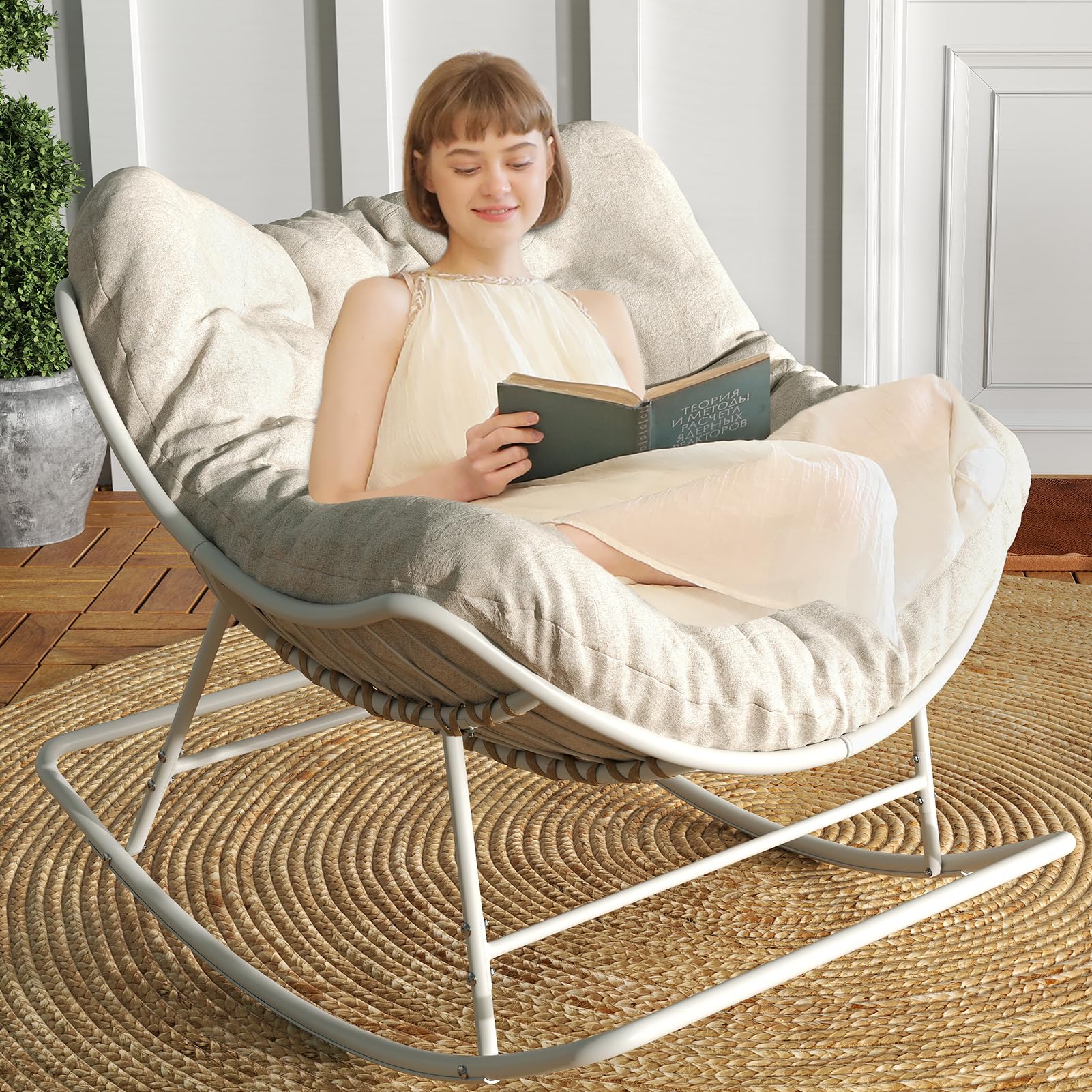 SWITTE Papasan Rocking Chair with Cushion - Oversized Egg Lounge Rocker for Indoor & Outdoor Use - Cream - Perfect for Patio, Garden, Living Room and Nursery Relaxation
