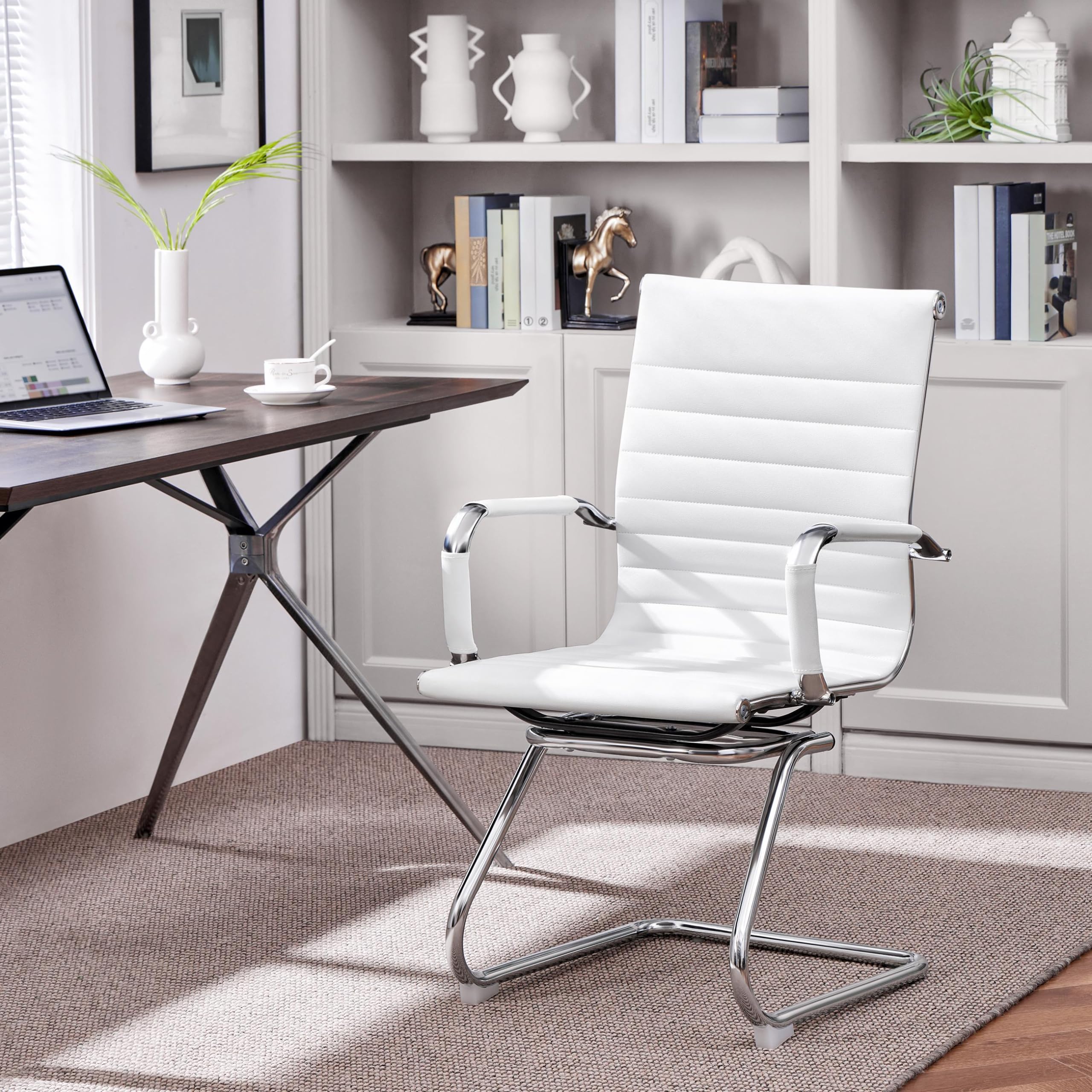 Yaheetech 2-Pack White Faux Leather Mid Back Office Reception Chairs - No Wheels, Ergonomic Design for Conference Rooms, Waiting Areas & Guest Seating - Comfortable & Stylish for Professional Spaces