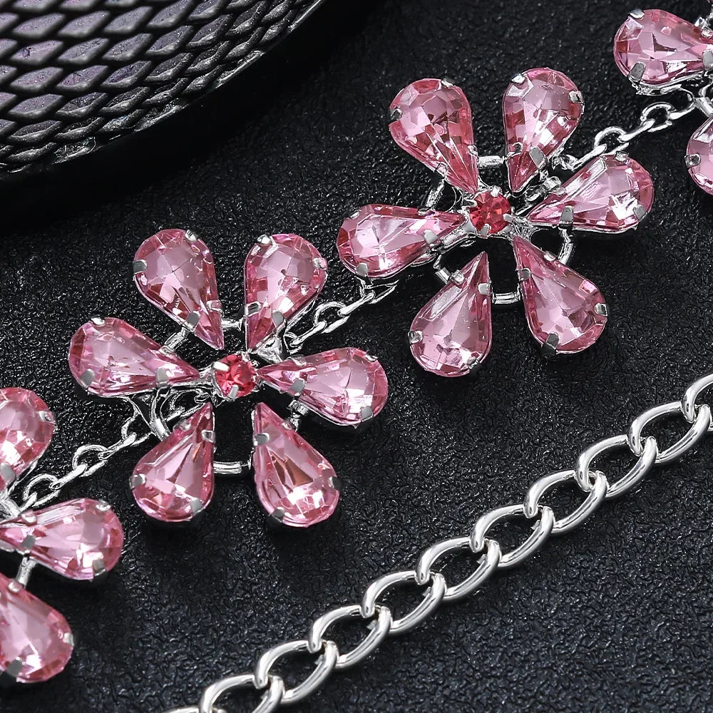 Elegant Pink Crystal Flower Choker Necklace for Women - Rhinestone Statement Collar Jewelry - Perfect for Parties, Weddings & Date Nights