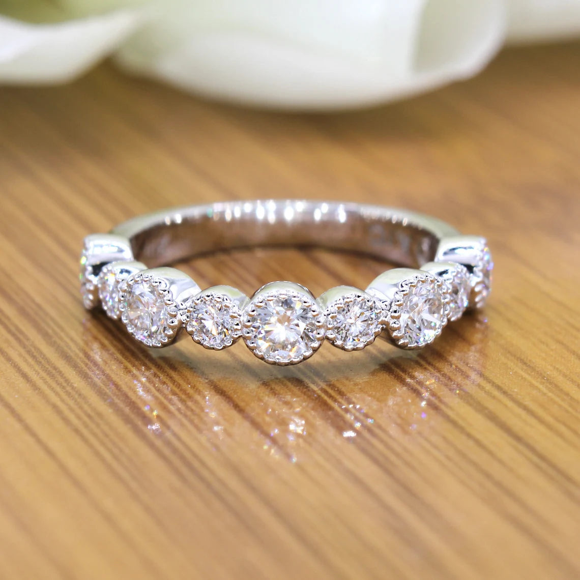 0.85 Carat Round Diamond Wedding Stackable Band - Bezel Set Milgrain Accent Ring for Women - Perfect for Bridal, Anniversary, and Everyday Elegant Jewelry